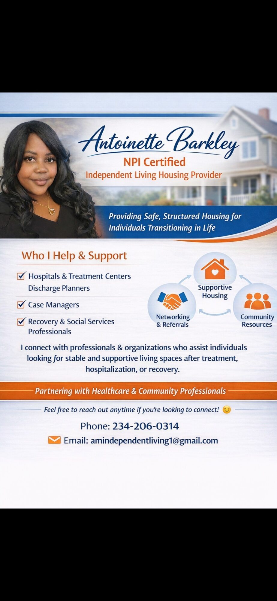 Text about Antoinette Barkley, NPI certified, providing housing and support services, with a woman smiling in the background.