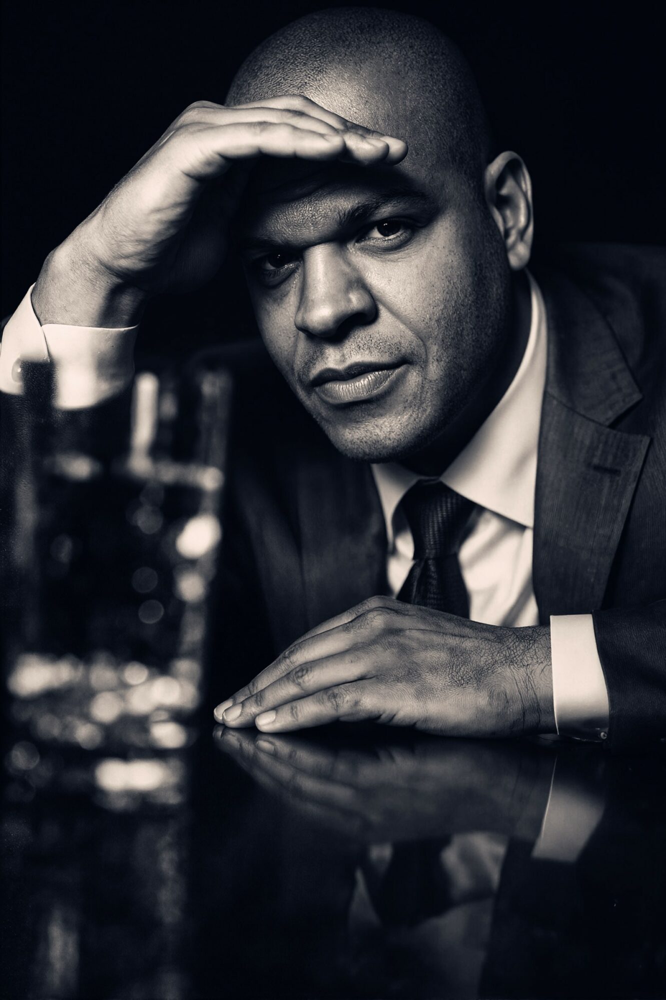 Man in suit resting his head on hand, looking at camera, with a glass in foreground, black and white.