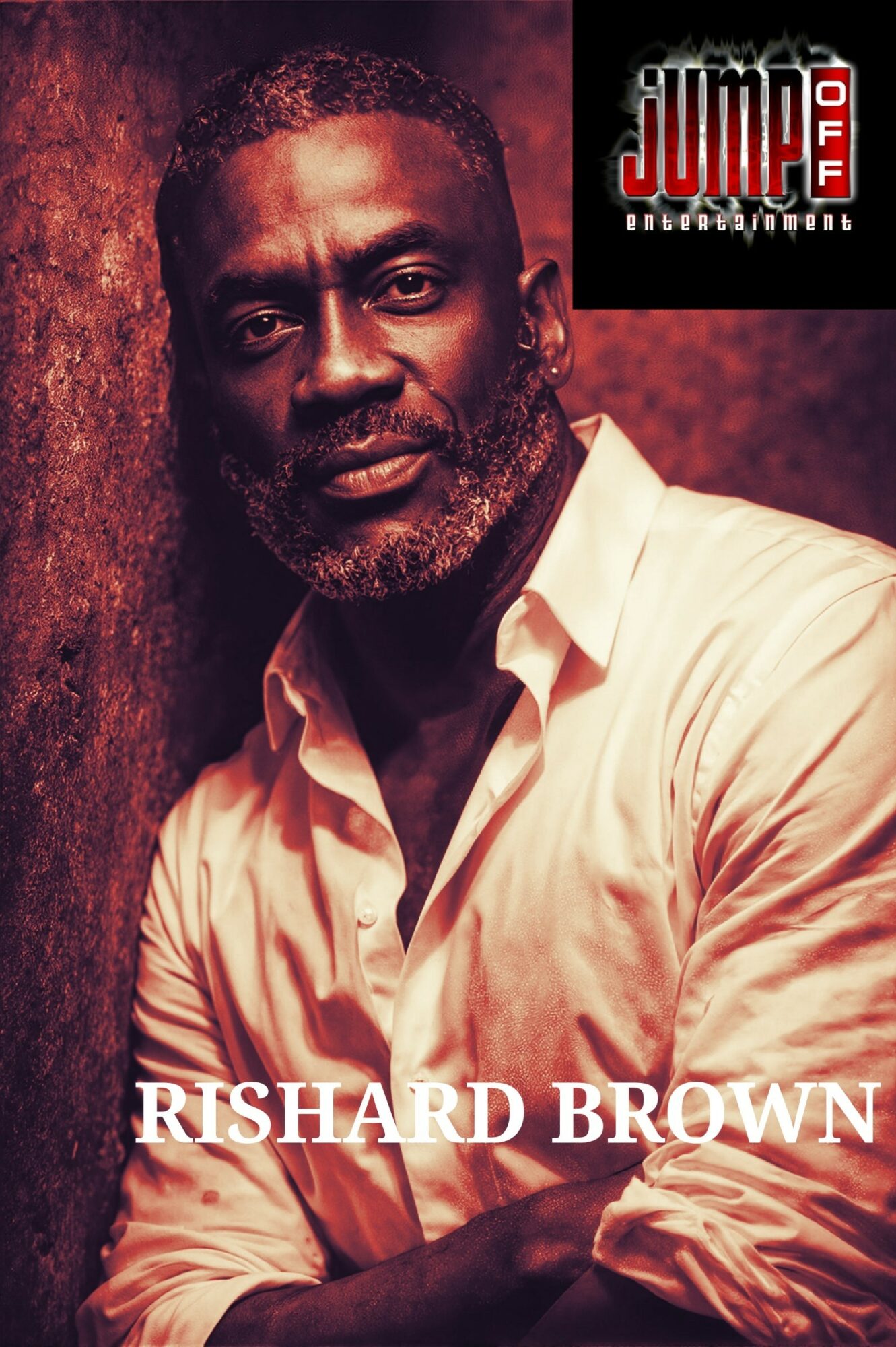 Portrait of Rishard Brown with a serious expression, wearing a light-colored shirt, against a textured background.