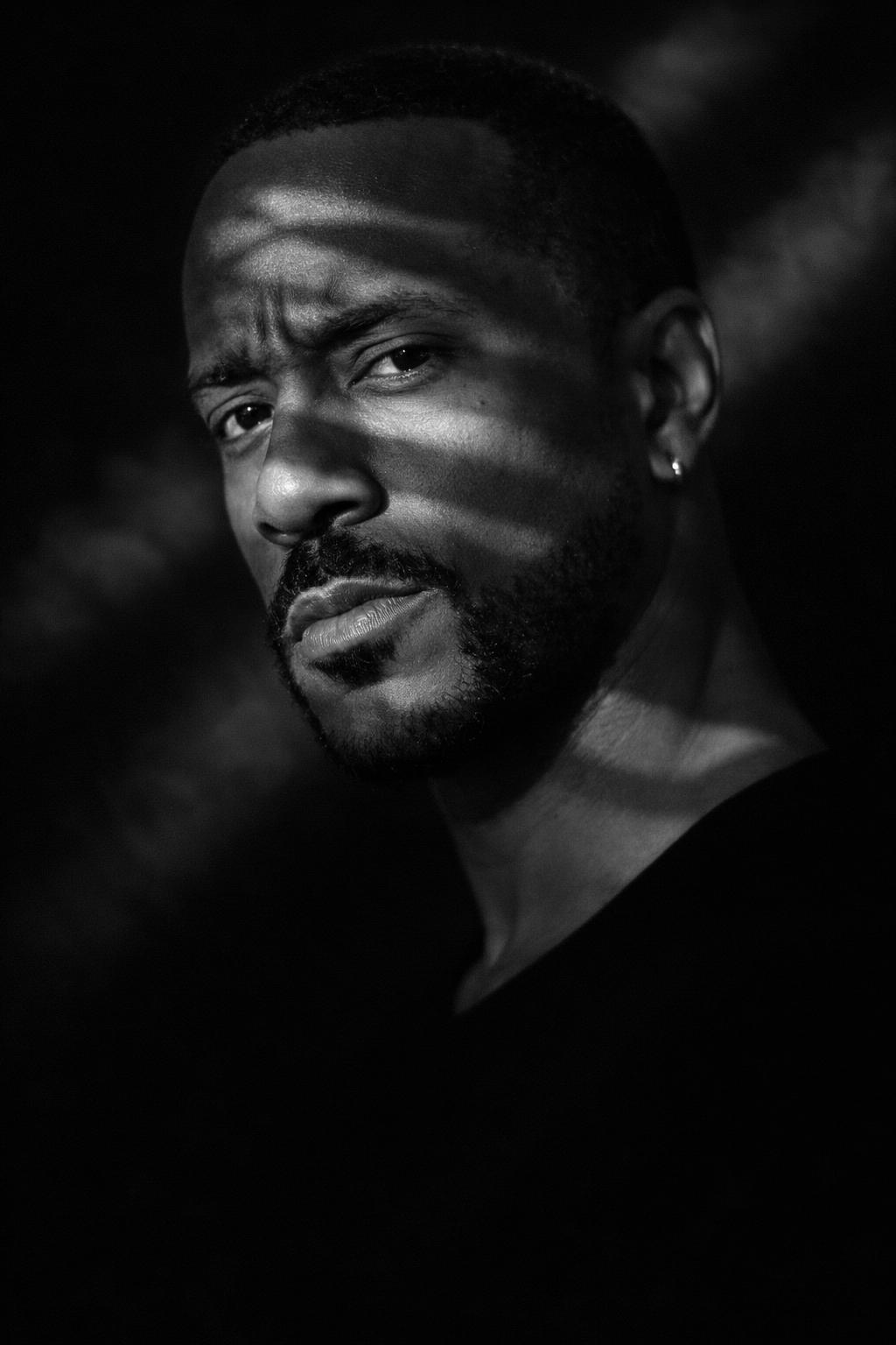 Portrait of a man with shadows across his face, looking serious, in black and white.