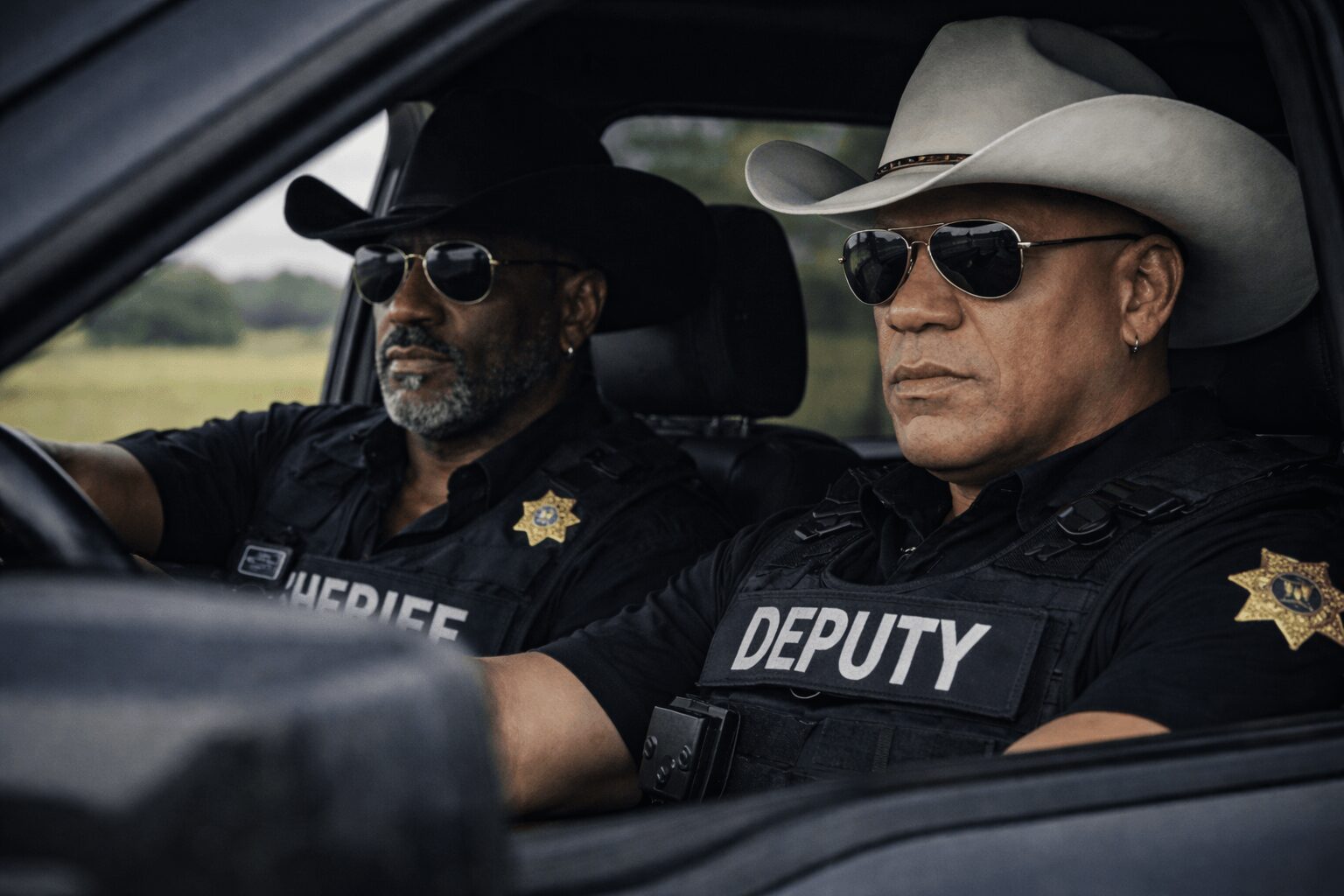 Two law enforcement officers wearing sunglasses and hats sit in a vehicle, one labeled 'SHERIFF' and the other 'DEPUTY'.