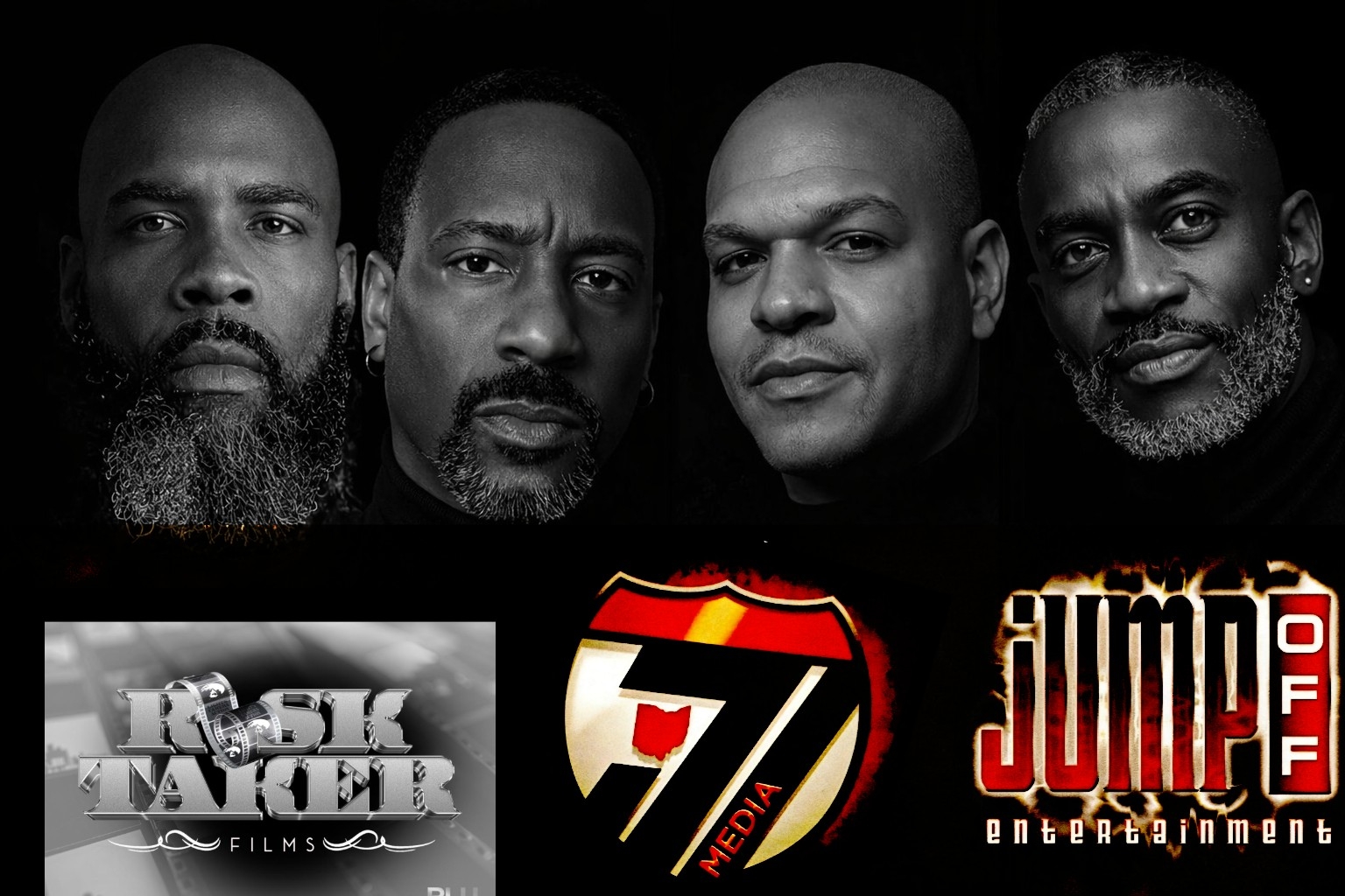 Four men with serious expressions, headshots in black and white, logos of media companies below, all against a black background.