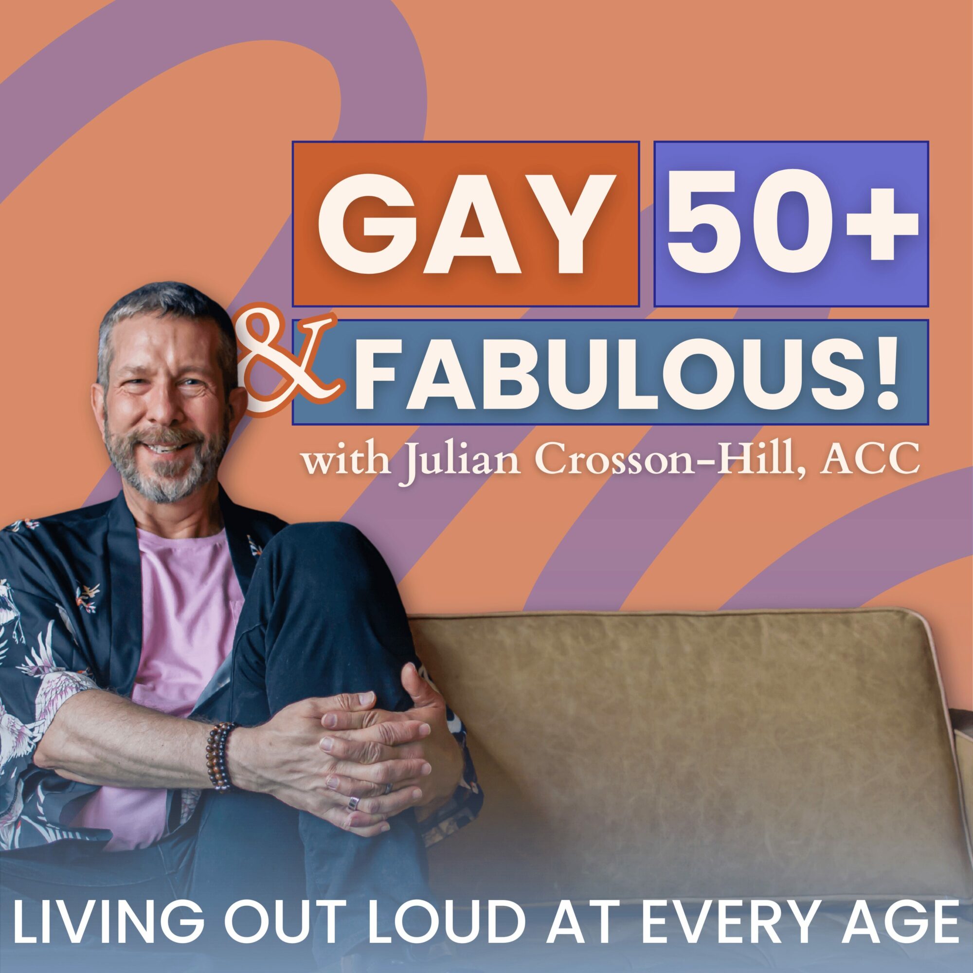 Person sitting on a couch with a colorful background, smiling, with text about being gay over 50 and fabulous.