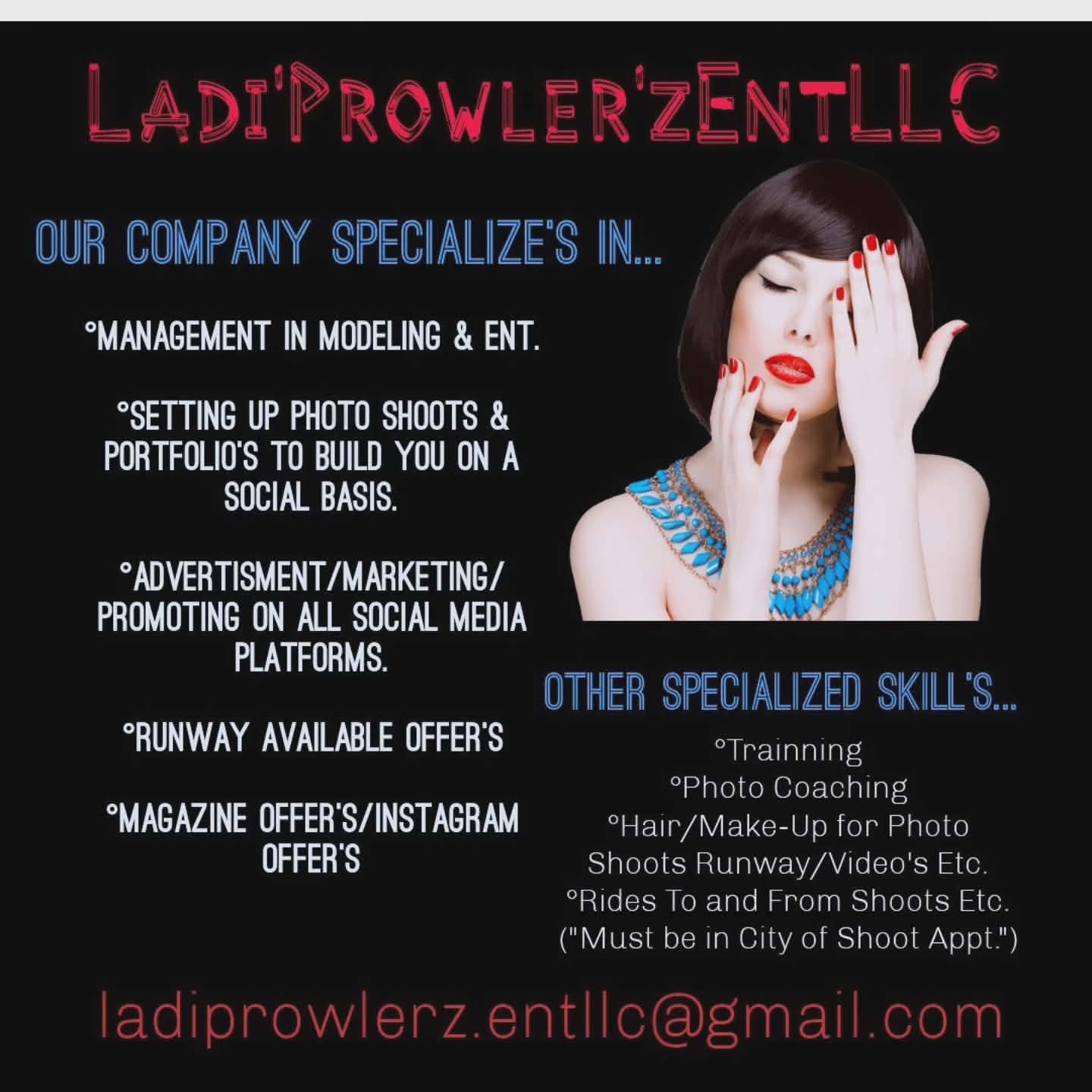 Text-based advertisement with a woman touching her face, dark background, and colorful text. Contact email at bottom.