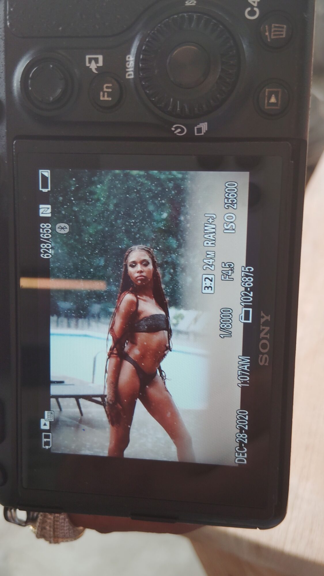 Woman in bikini standing outdoors near water, with trees in background.