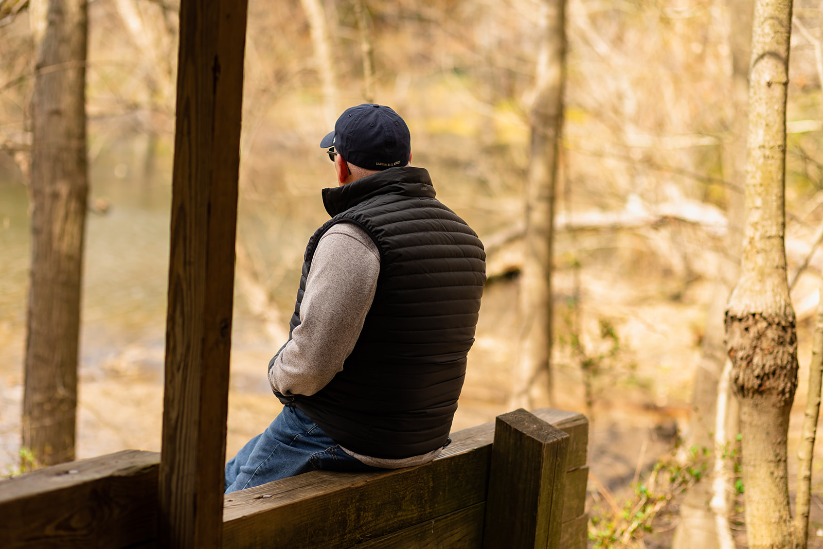 Person sitting on a wooden railing in a forest, facing away, wearing a black vest, gray sleeves, and a cap.