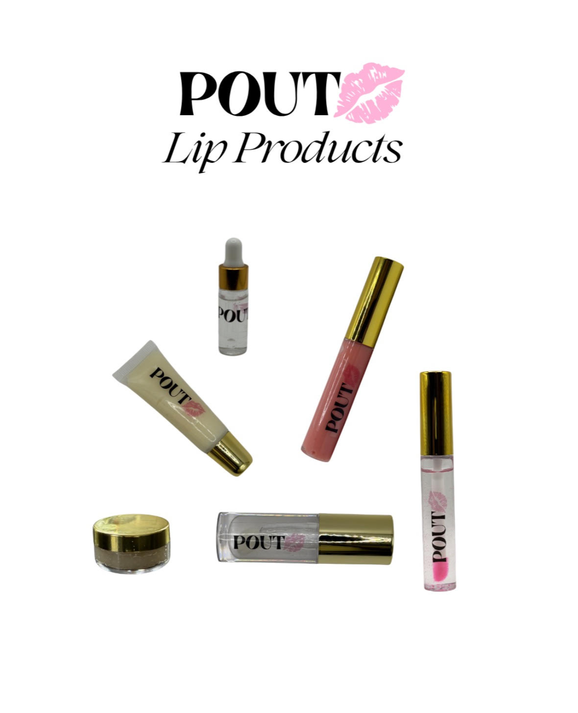 Collection of lip products including lip gloss, lipstick, and balm with branding and packaging visible.