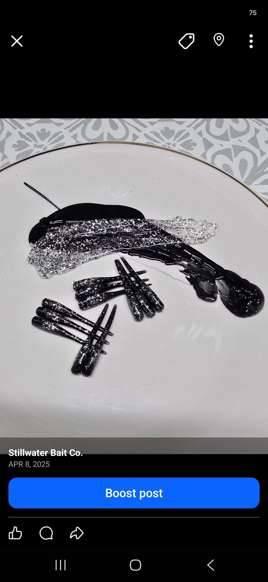 Black hair dye applicator, gloves, and a spoon on a white plate with a decorative border.
