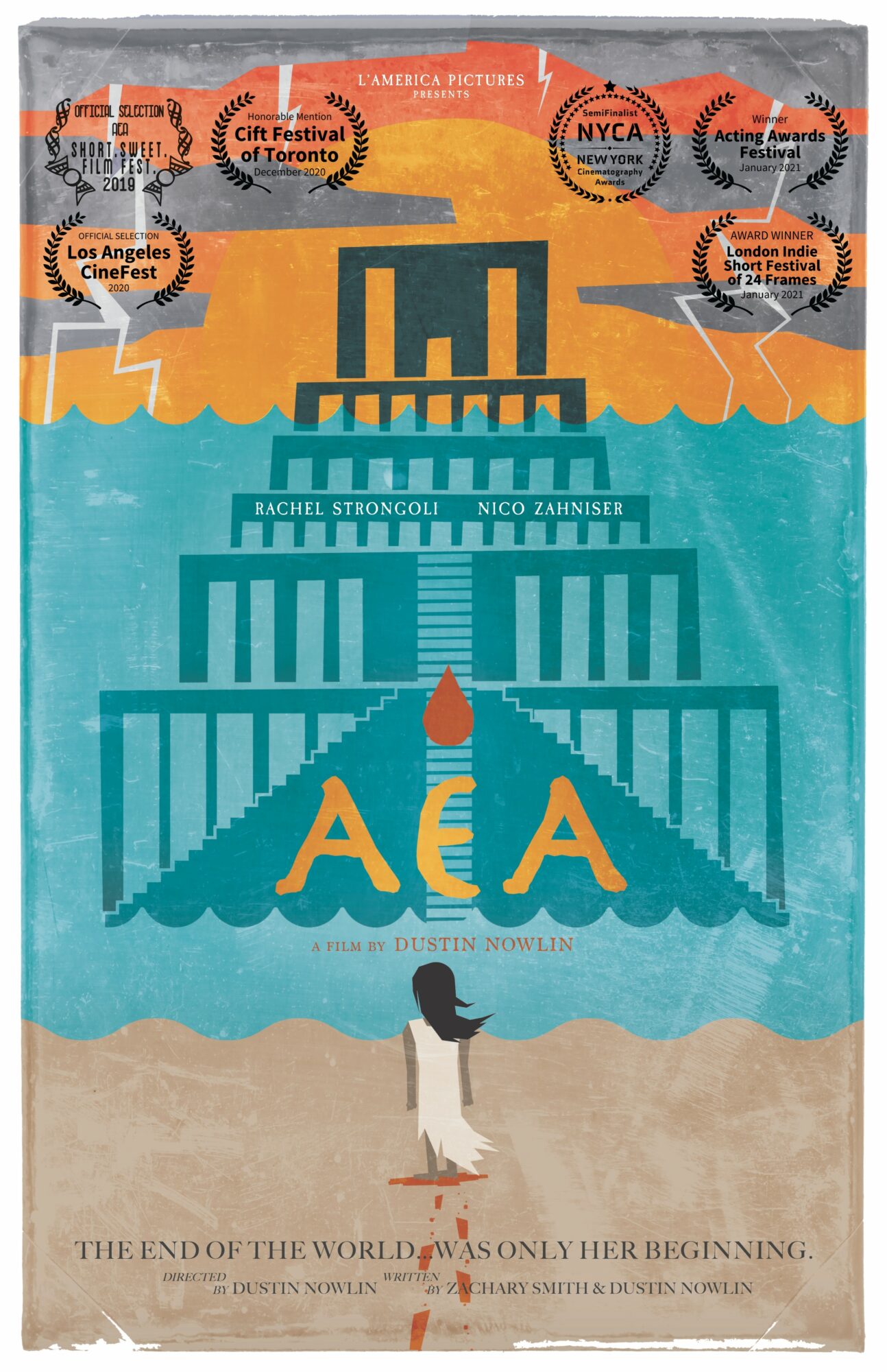 Book cover with a stylized illustration of a building, a person walking, and text including 'AEA' and awards, in orange, blue, and beige colors.