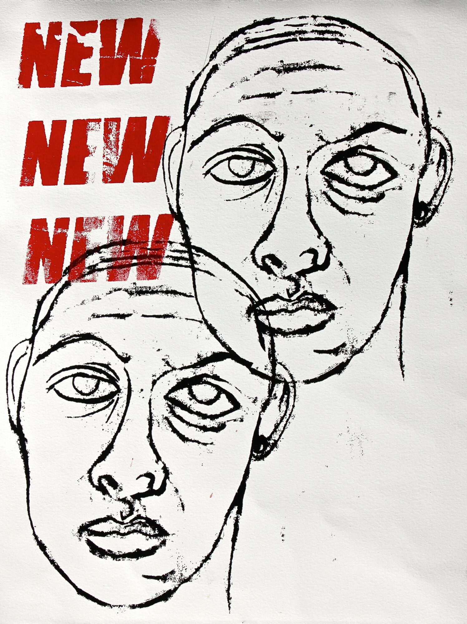Two hand-drawn faces with tired expressions, and the words 'NEW NEW NEW' in red text at the top left.