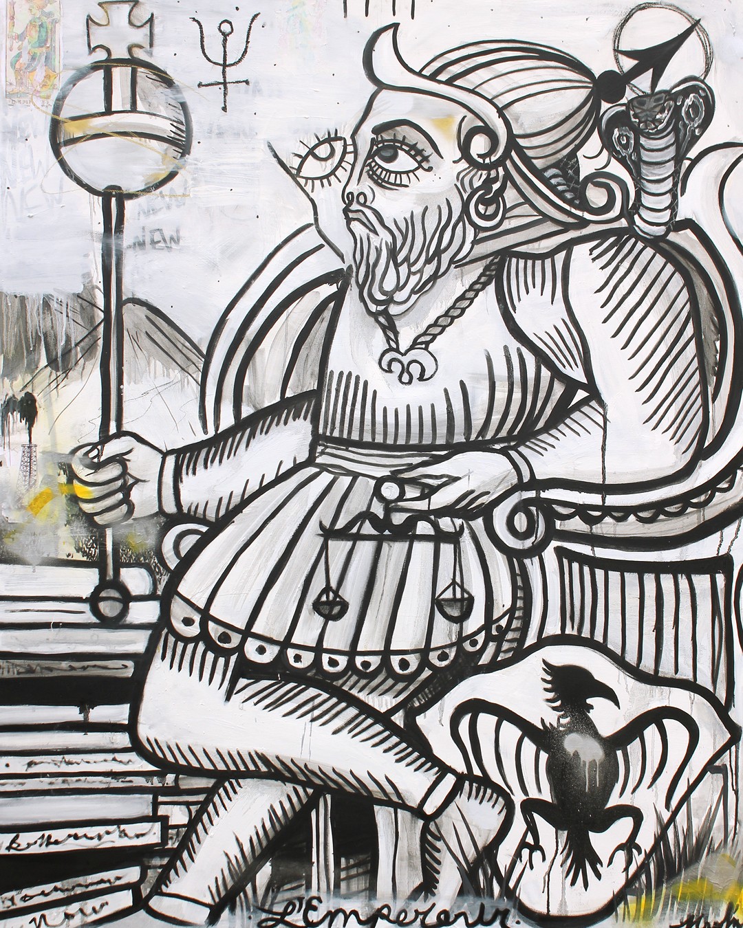 A black and white drawing of a bearded figure with a crown, holding a staff, sitting on a throne with a bird on a pillow.