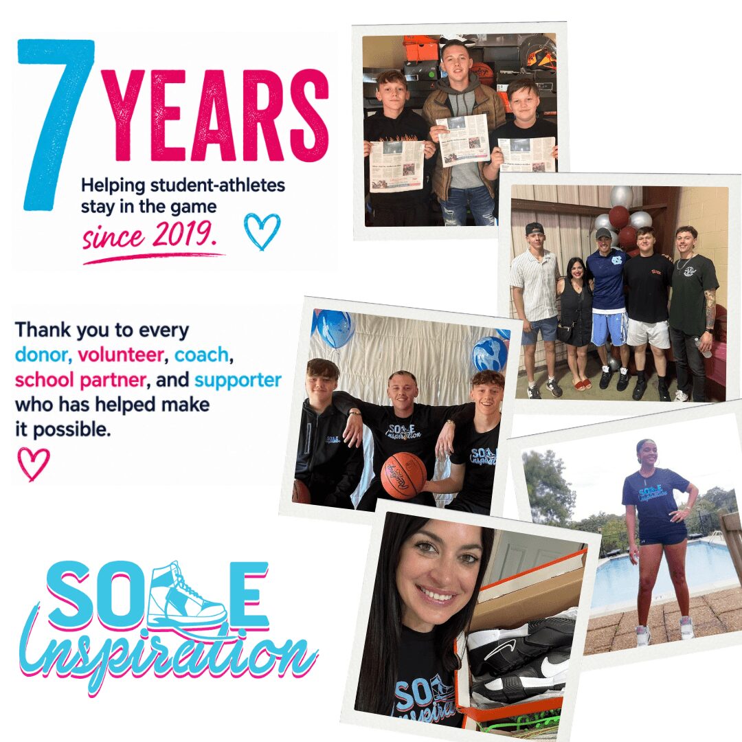 Celebrating 7 years with photos of people, text about helping student-athletes, and inspirational message.