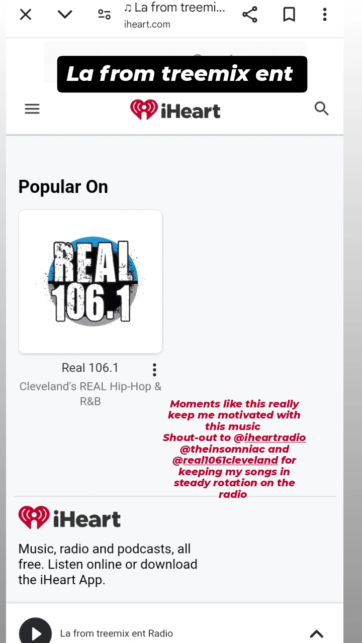 Screenshot of iHeart radio app with station Real 106.1 and promotional text.