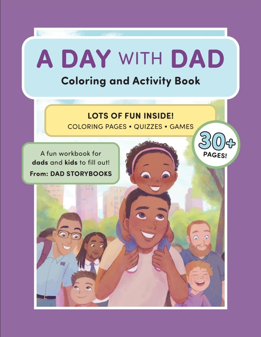 Book cover titled 'A Day with Dad' featuring a smiling family outdoors, with children and adults, and a purple background.