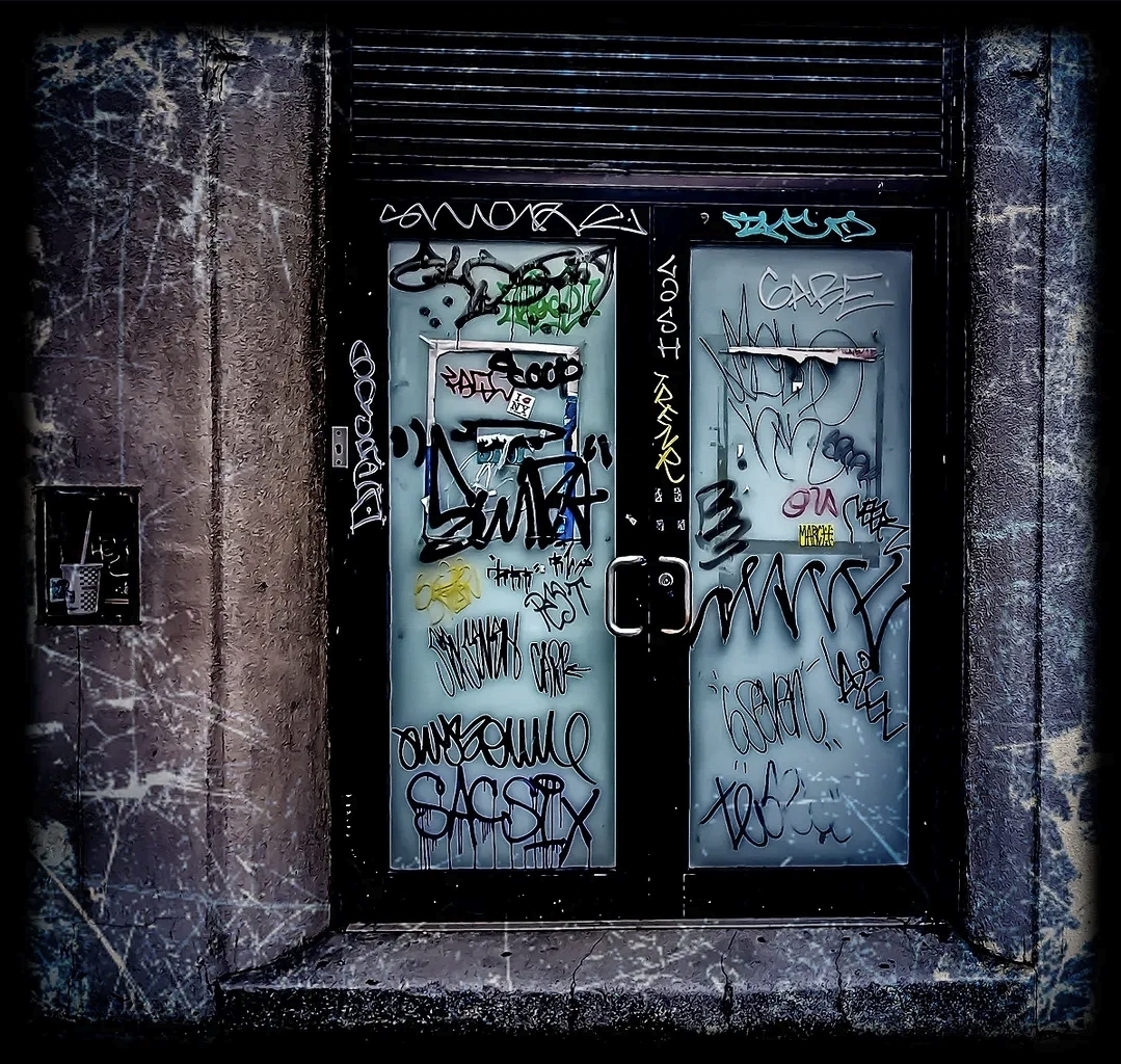 Blue door covered in graffiti, set in a dark, weathered wall with a small mailbox on the left side.