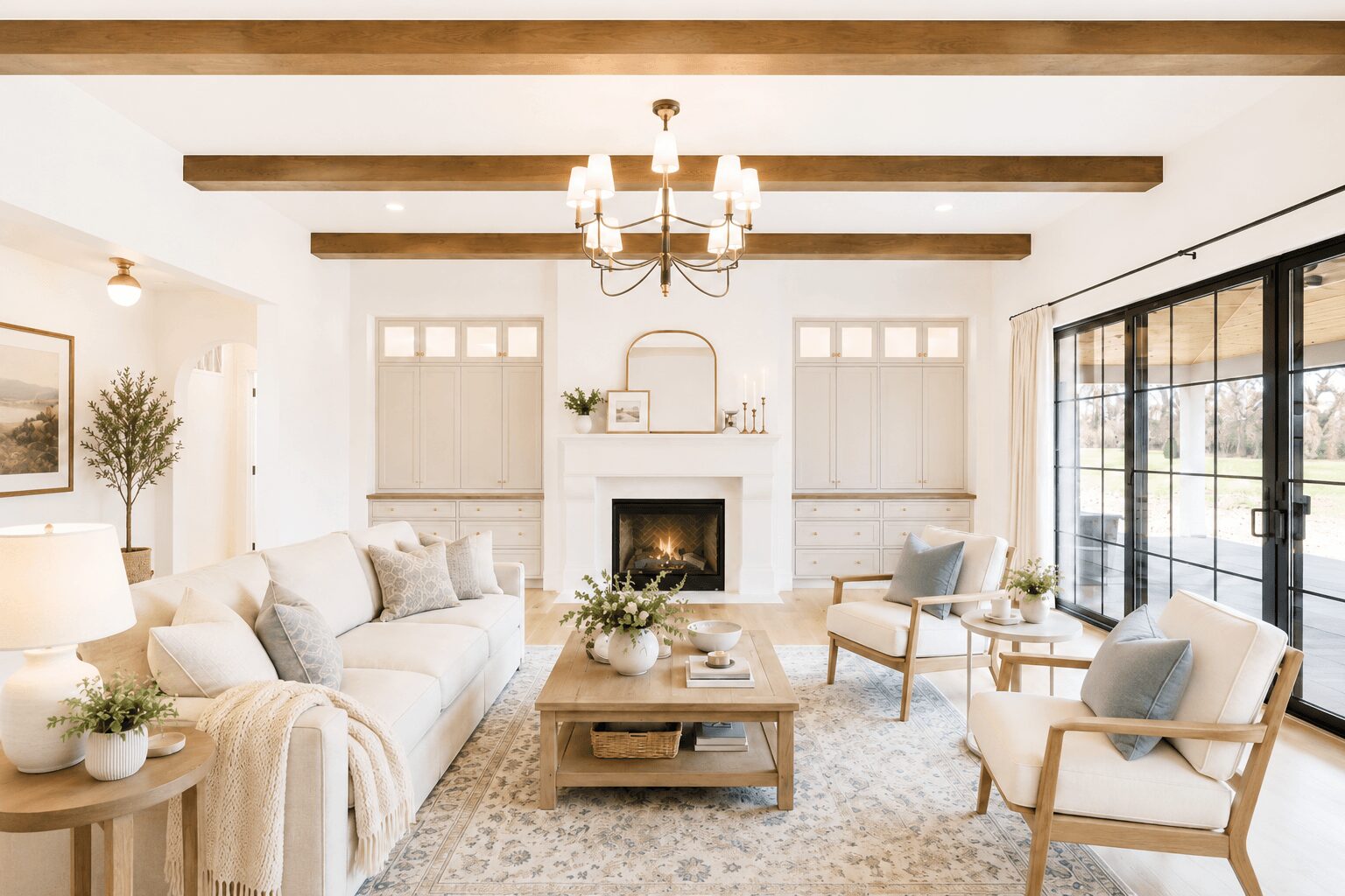 Living room with white walls, wooden beams, fireplace, large windows, and neutral furniture including sofas and chairs.