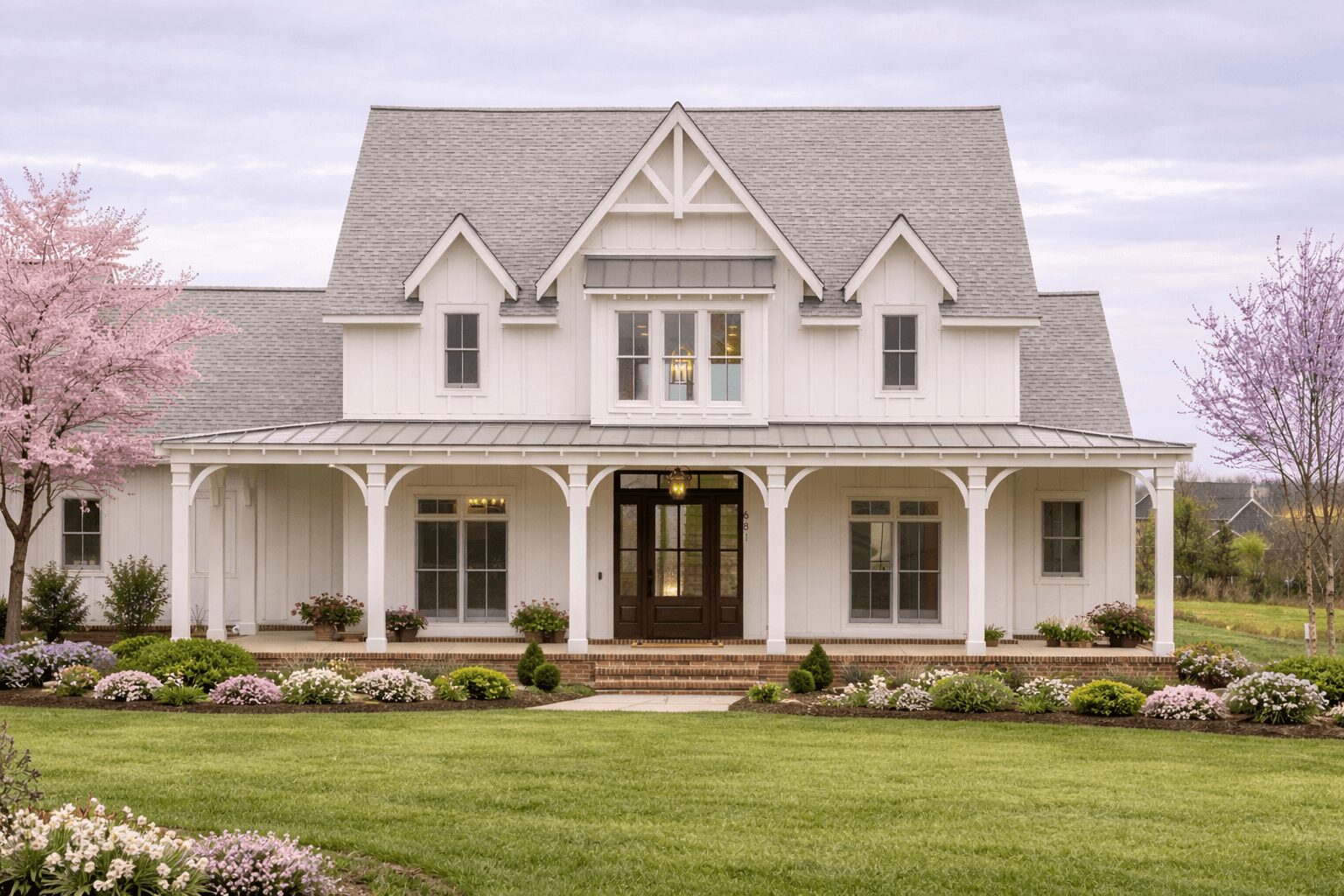 Large white house with a front porch, gabled roof, and symmetrical windows, surrounded by a green lawn and flowering trees.