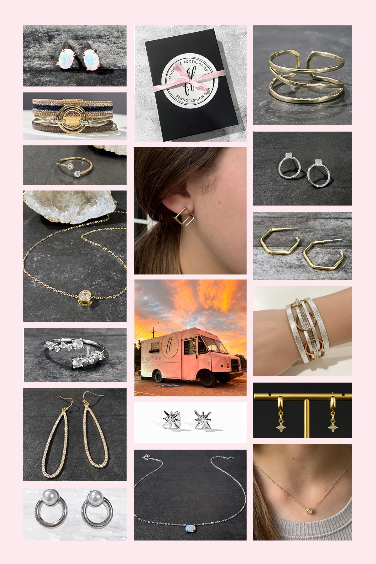 Collection of jewelry including rings, earrings, necklaces, and bracelets, with a pink vehicle and sunset in the background.