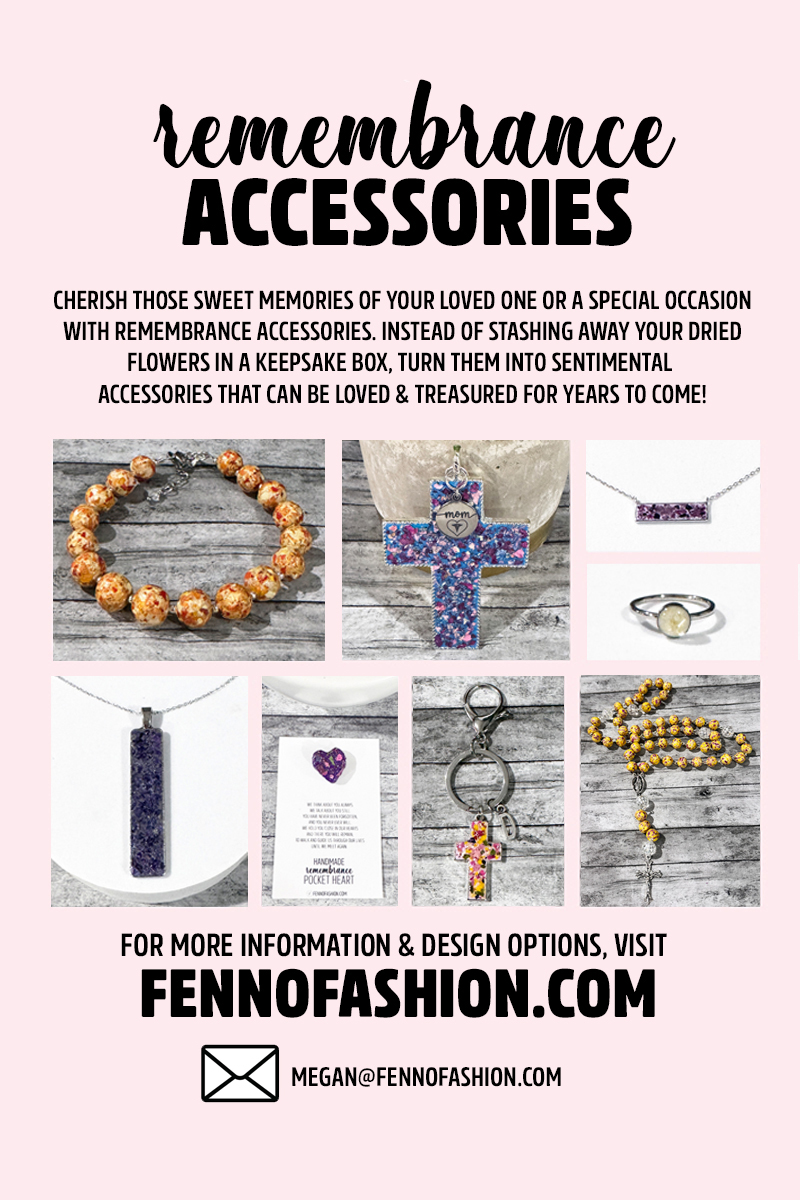 Display of various remembrance accessories including jewelry and keepsakes on a pink background with text about remembrance accessories.