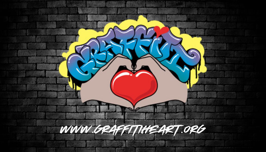 Graffiti-style text with a heart and hands, website URL below, on a brick wall background.