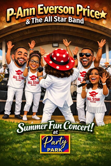 Group of children and a person in a red hat dancing outdoors at a summer concert, with a wooden stage in background.