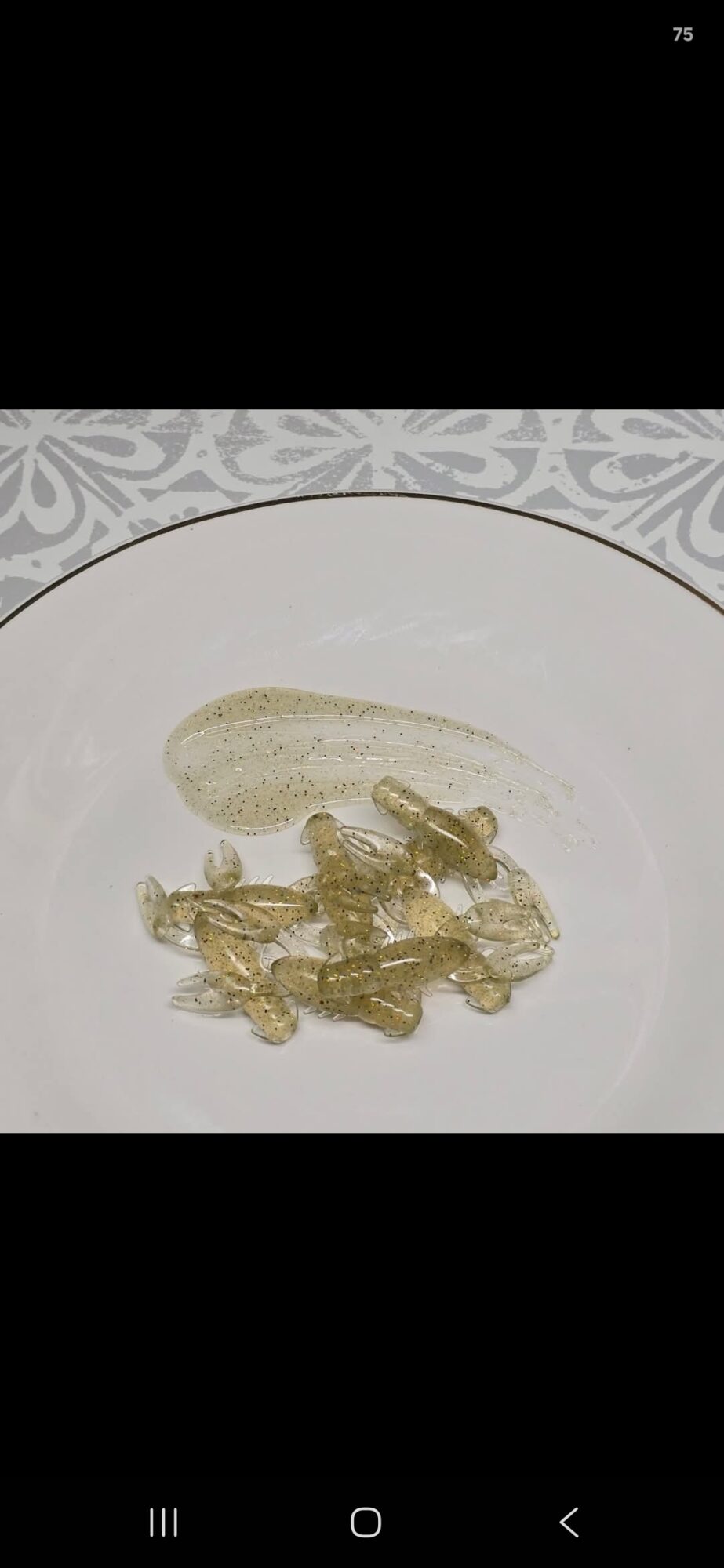 Small cluster of translucent, irregularly shaped objects on a white plate with a decorative gray pattern background.