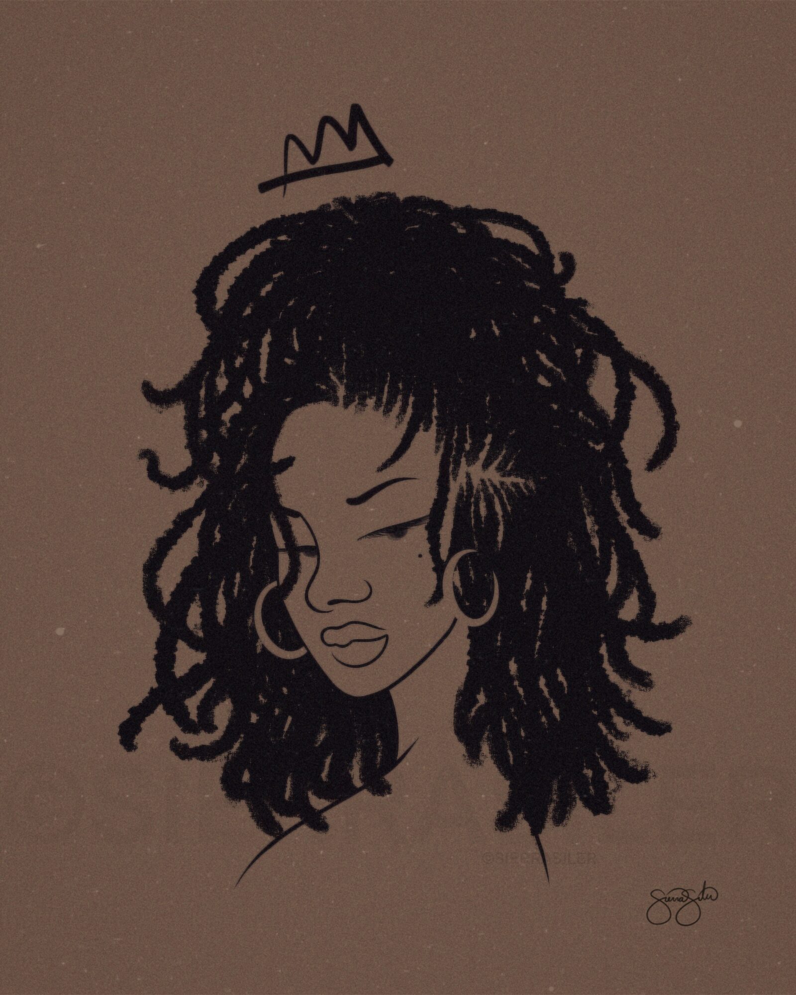Line drawing of a woman with curly hair, hoop earrings, and a small crown above her head.