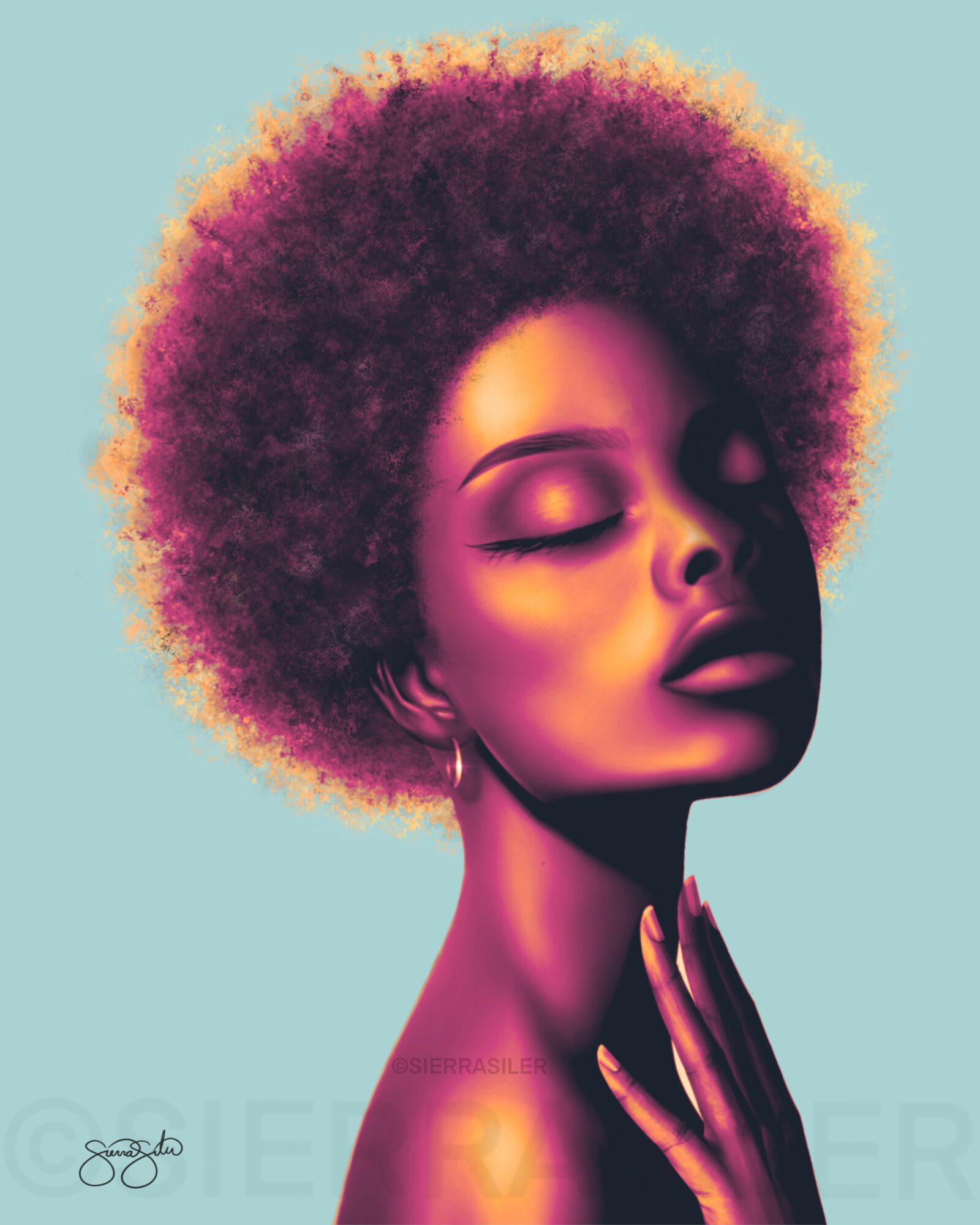Portrait of a woman with closed eyes and natural afro hairstyle against a light blue background.