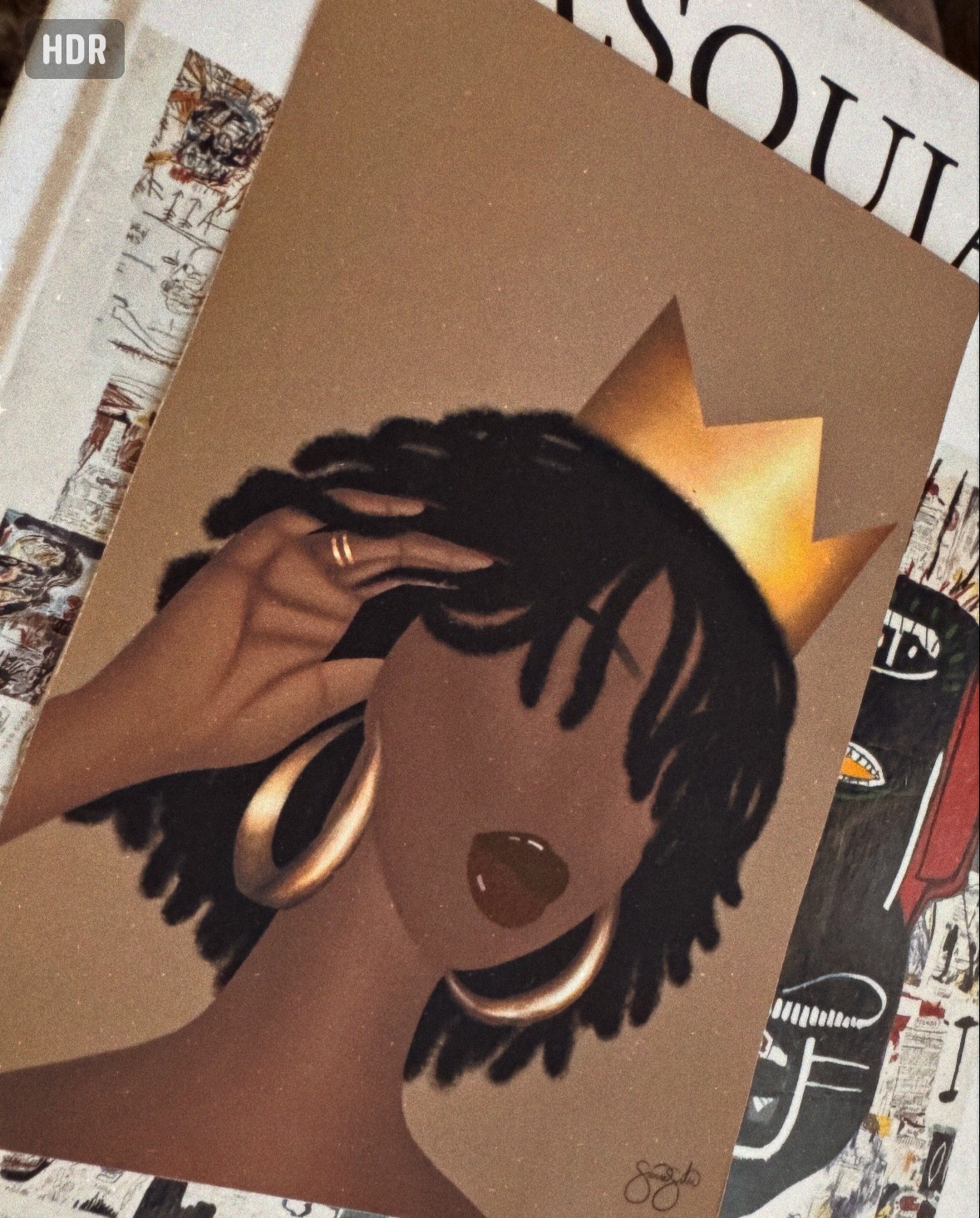 Illustration of a woman with dreadlocks, large hoop earrings, a crown, and closed eyes, on a beige background.