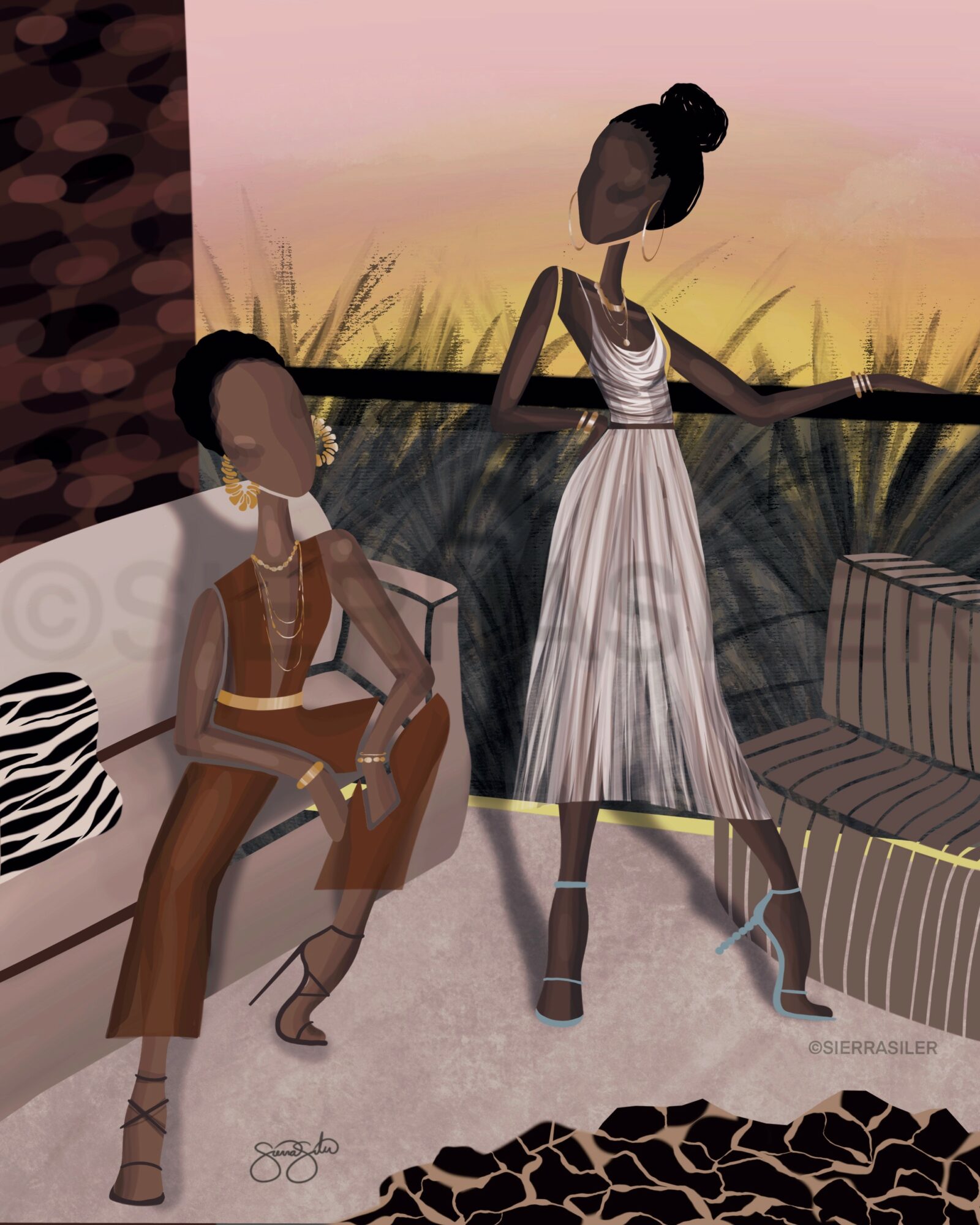 Two women with faceless features on a balcony with a sunset background, one sitting and one standing, with outdoor furniture.