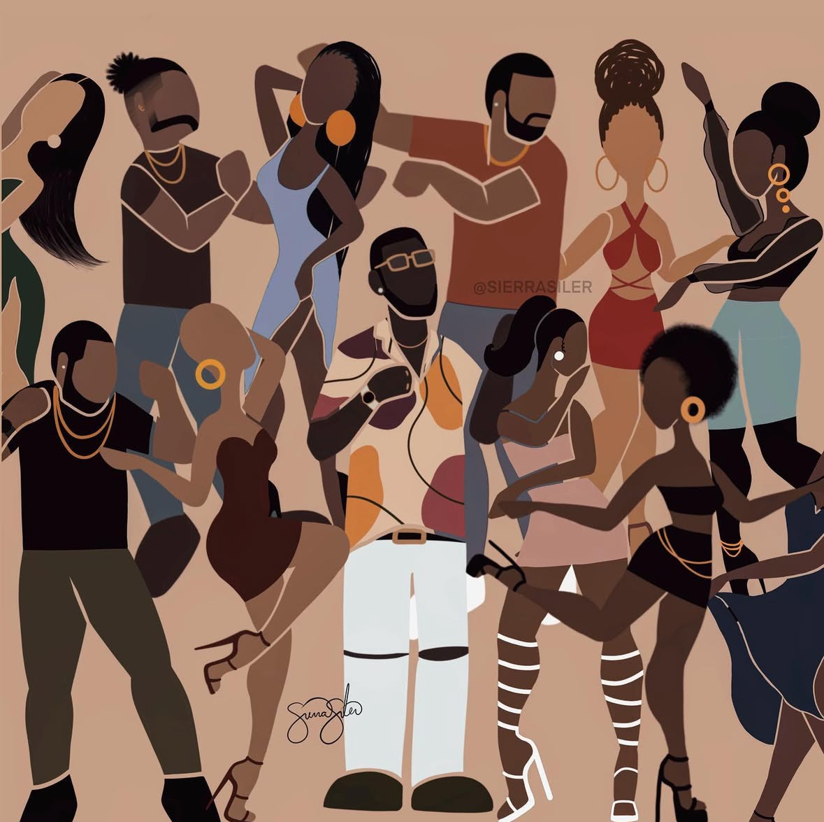 Group of diverse people dancing and celebrating together, wearing colorful clothing and accessories, in a lively scene.