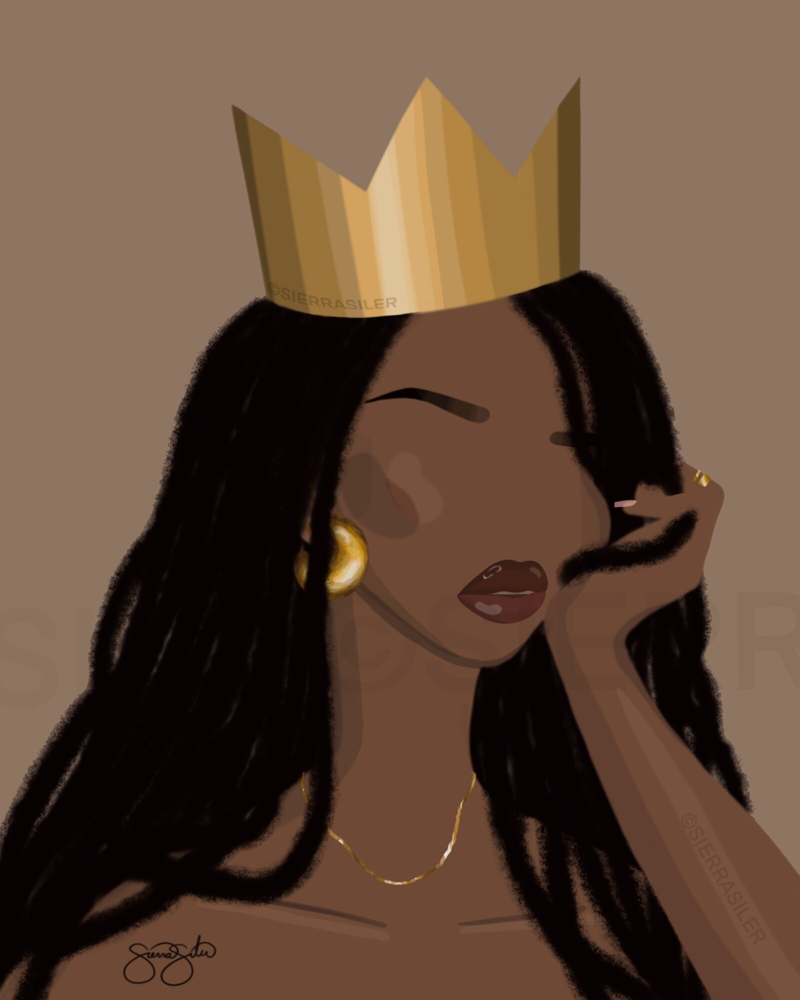 Woman with long dark hair wearing a gold crown, gold earrings, and a necklace, resting her face on her hand.