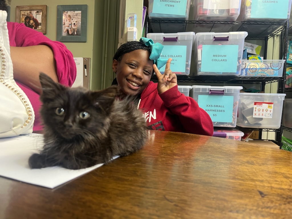 Girl smiling and making a peace sign next to a black kitten on a table, in a room with storage bins.