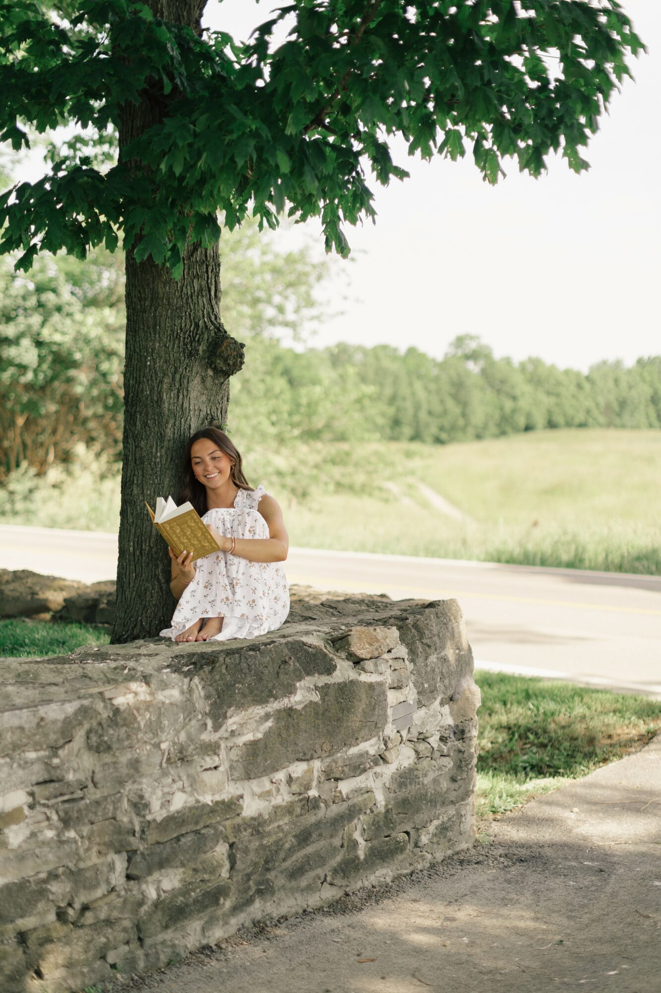 Girl sitting on a stone wall reading a book under a large tree outdoors, with a grassy field in the background.
