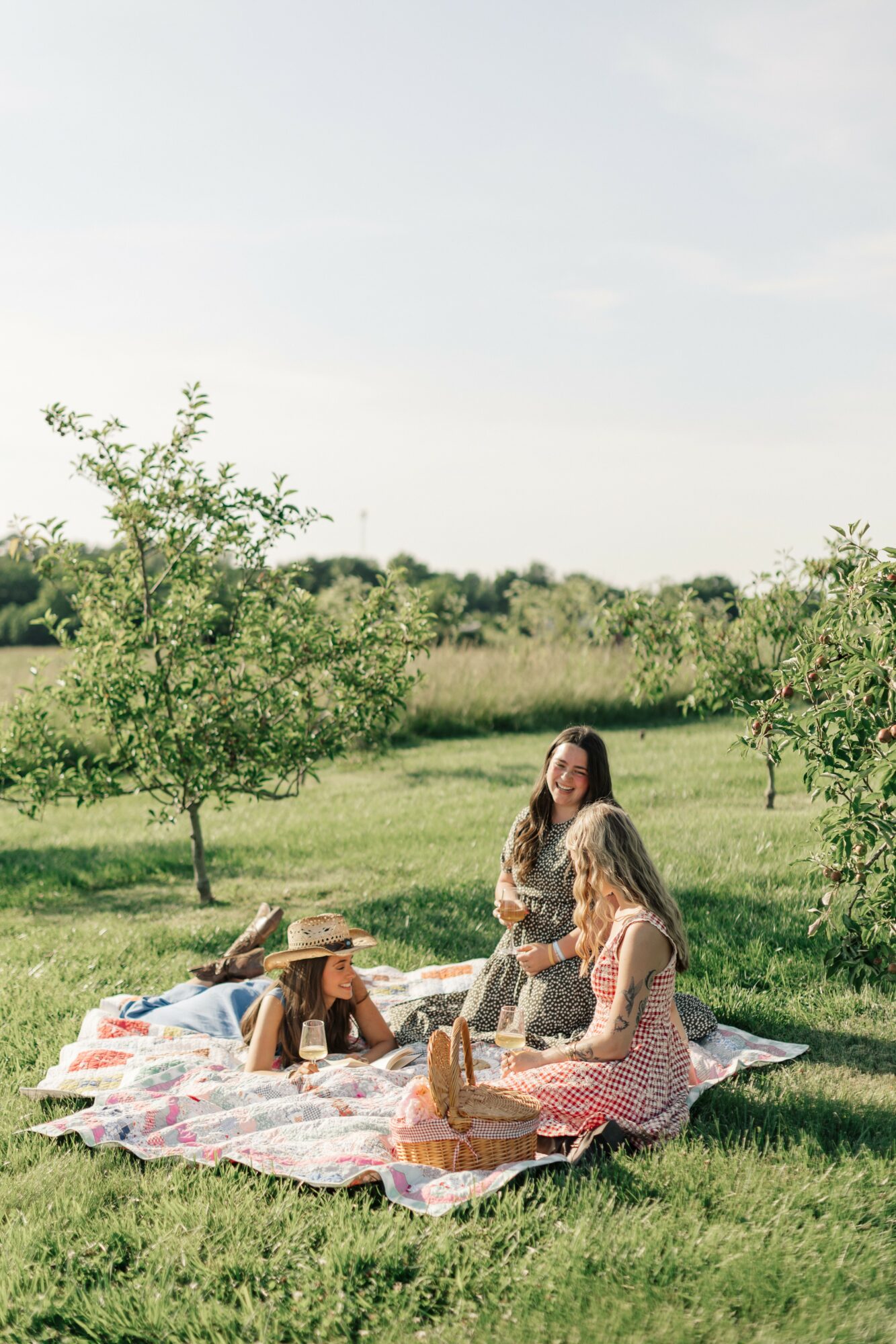 Group of four women having a picnic on a blanket in a grassy field with trees and open sky.