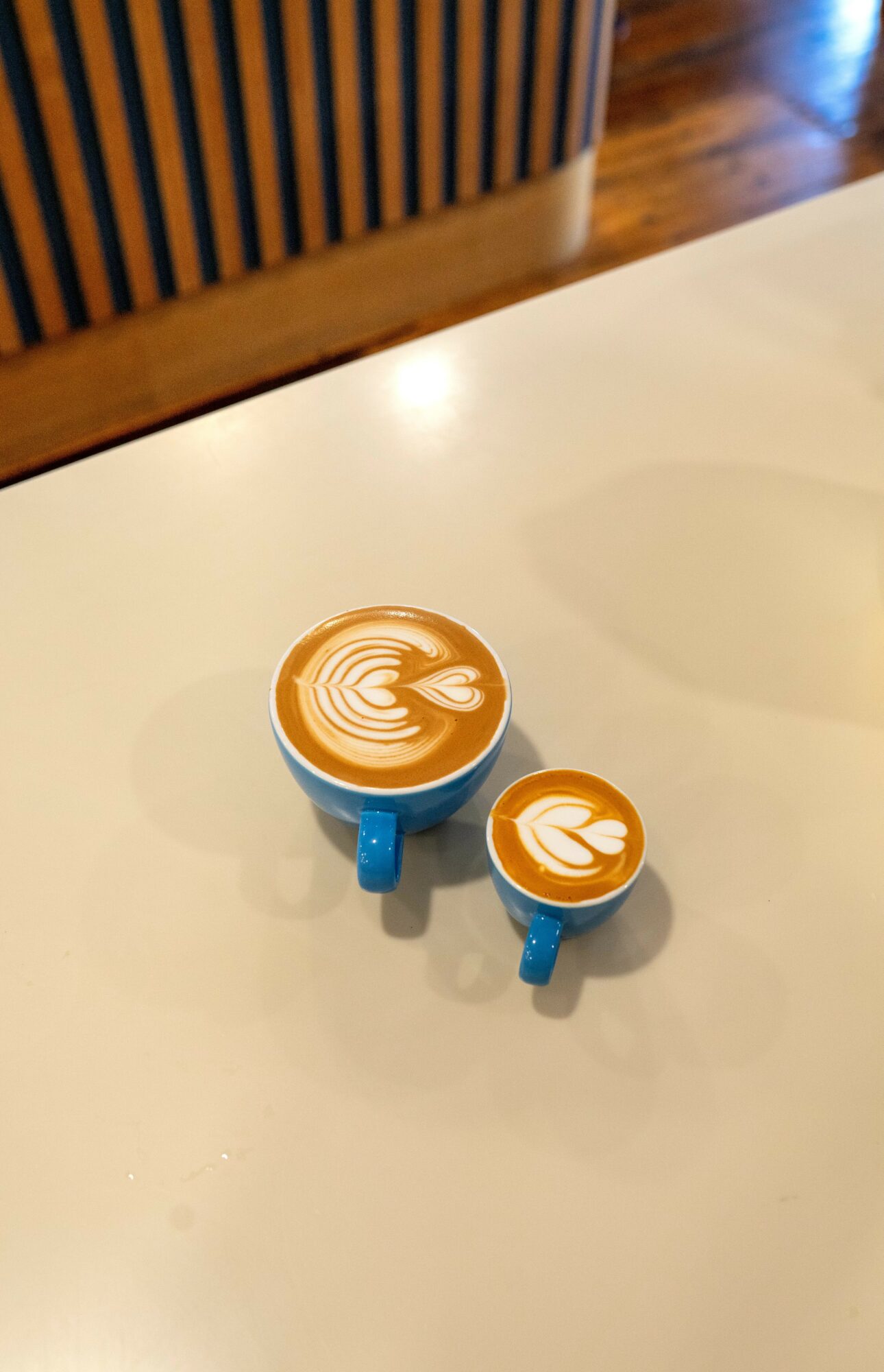 Two cups of coffee with latte art on a white table, one large and one small, with blue handles.