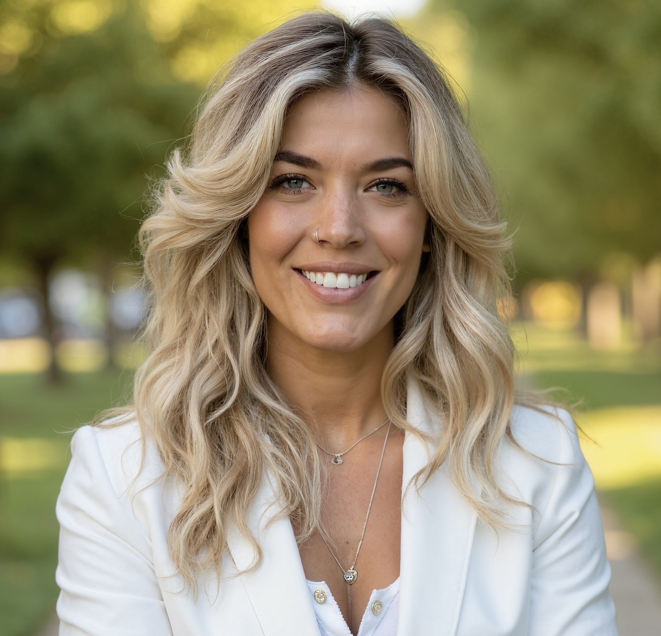 Woman with wavy blonde hair smiling outdoors in a park, wearing a white blazer and necklace.