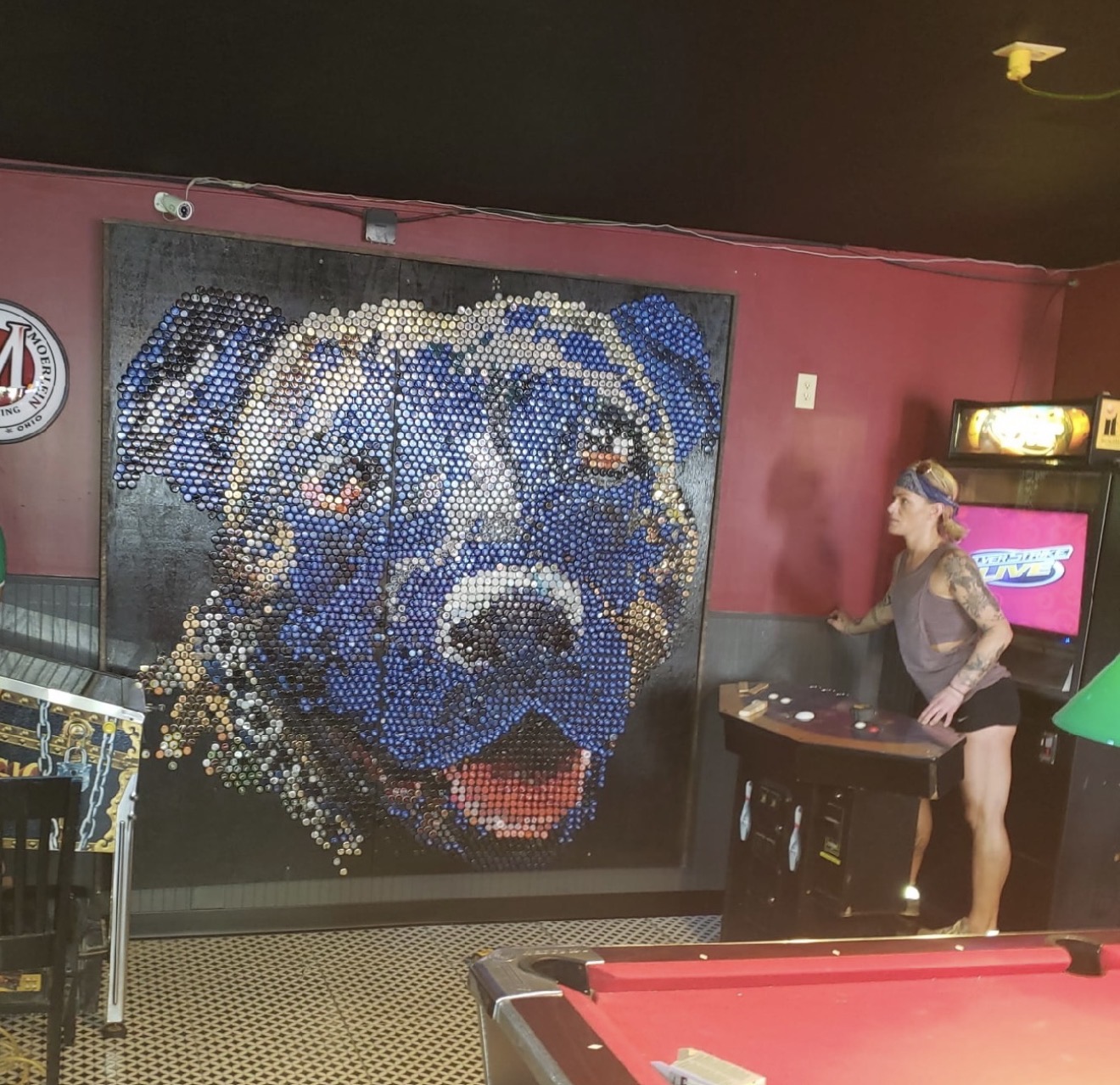 Person playing pool near a mosaic of a dog's face made of small tiles, in a game room with red walls.