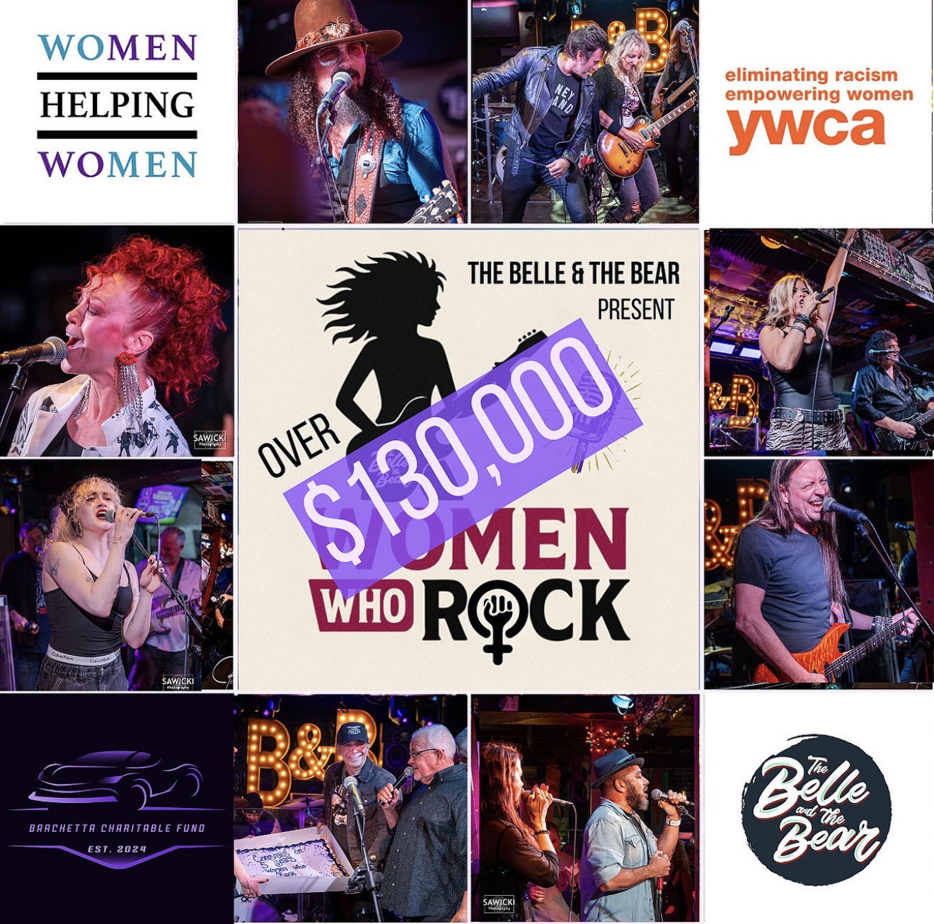 Collage of women performing music and promoting women's empowerment, with event details and logos, in vibrant colors.