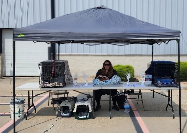 Person sitting at a table under a canopy with crates and supplies, outdoors in a parking lot.