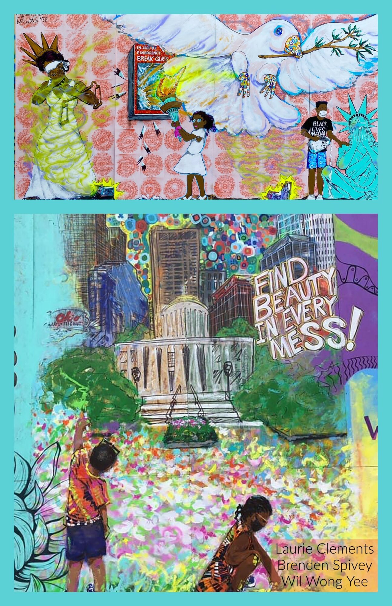 Children playing in a park with a cityscape background, colorful flowers, and a large white dove with an olive branch, with text 'Find beauty in every mess!'.