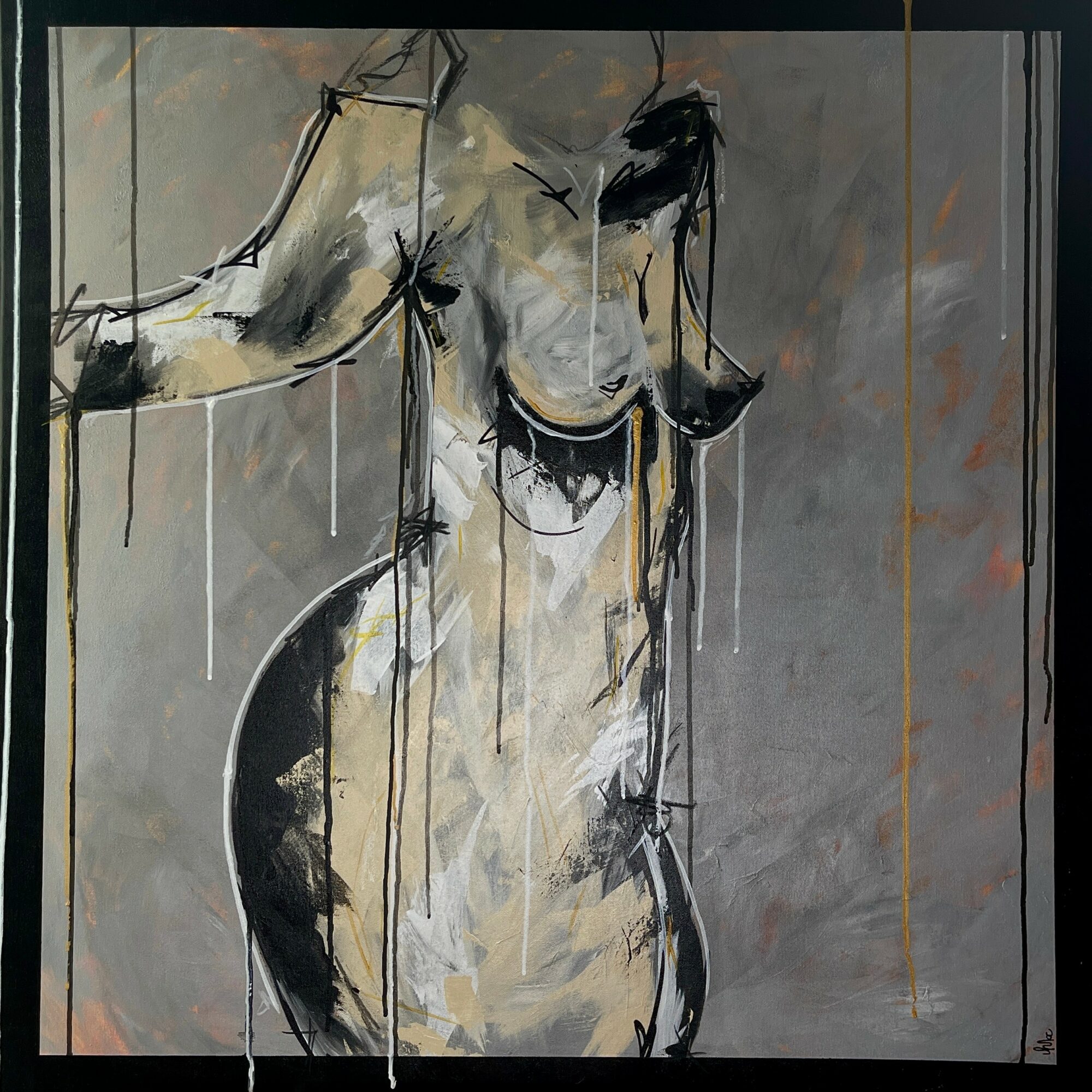 Abstract painting of a dog with drips of paint, using black, white, and gray tones.