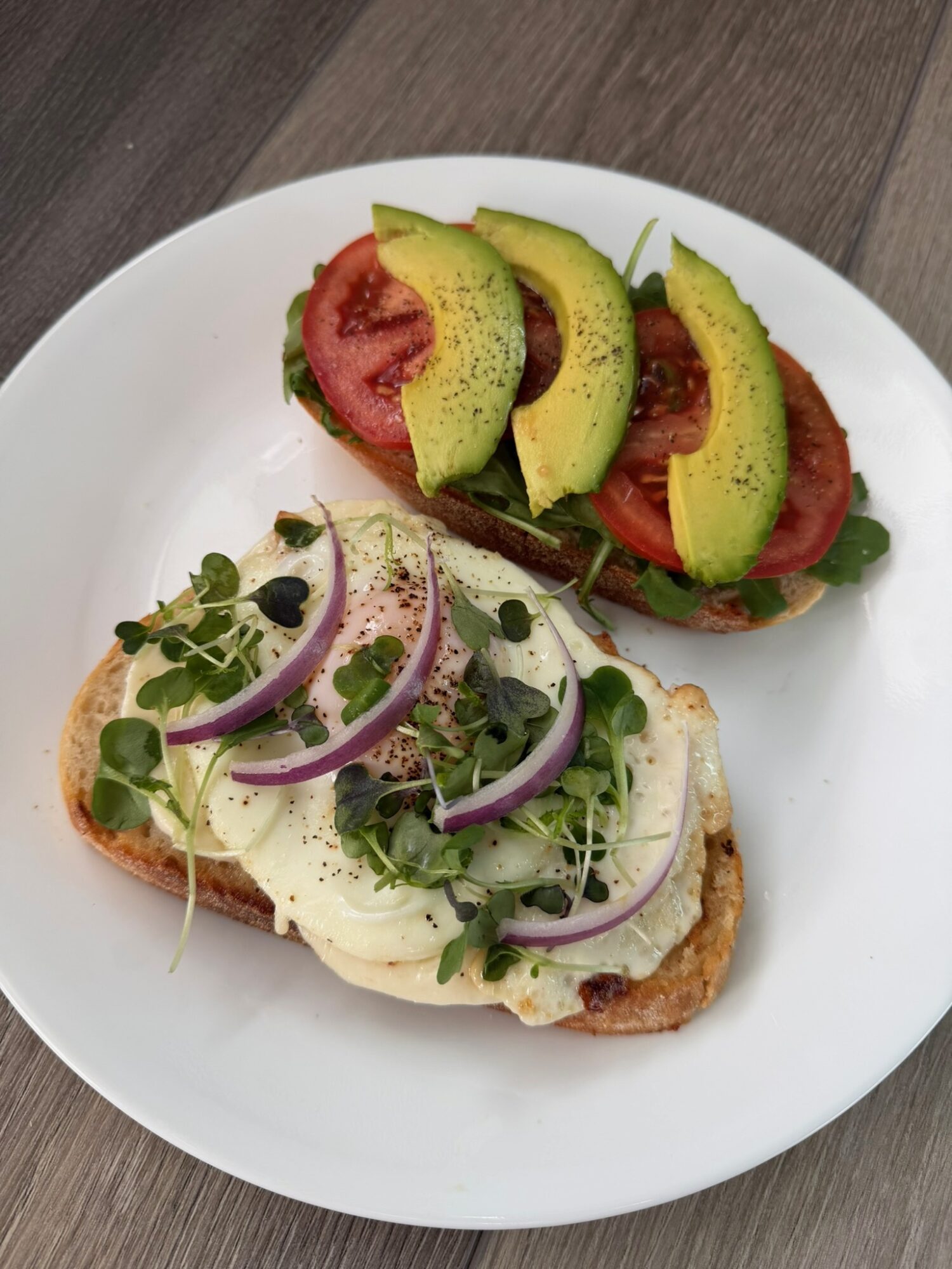 Open-faced sandwich with melted cheese, red onion slices, and microgreens on bread, and sliced avocado and tomato on a separate piece.