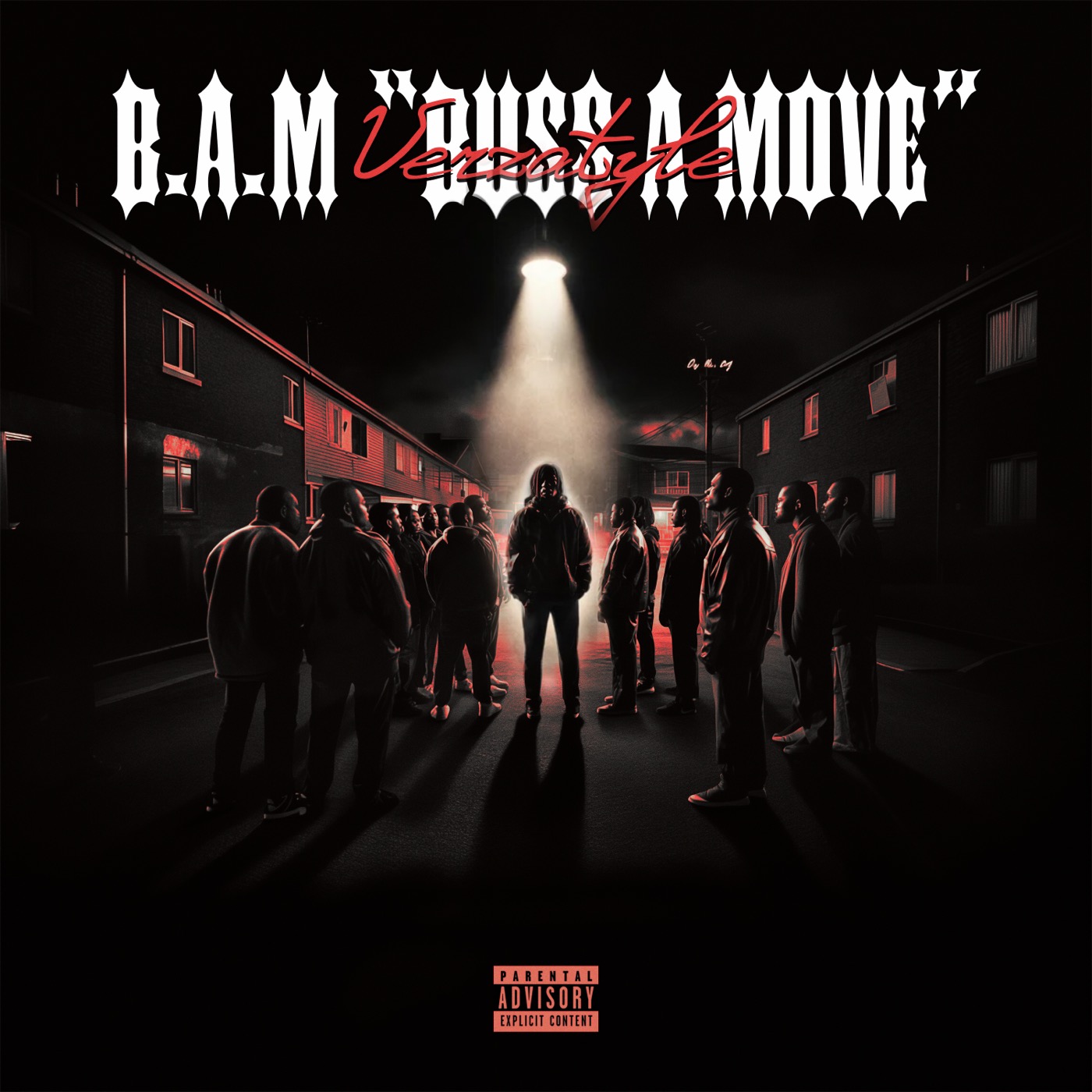 Group of people standing in a dark street at night, illuminated by a spotlight, with text and parental advisory label above.