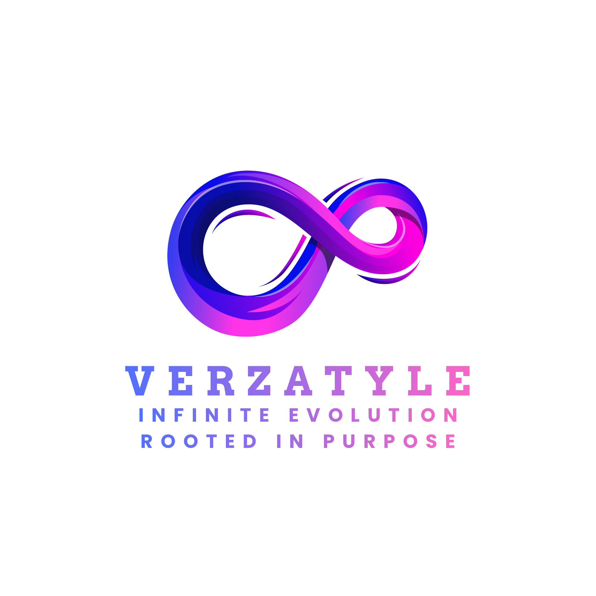 Colorful infinity symbol with text 'VERZATYLE' and slogan 'INFINITE EVOLUTION ROOTED IN PURPOSE' on black background.