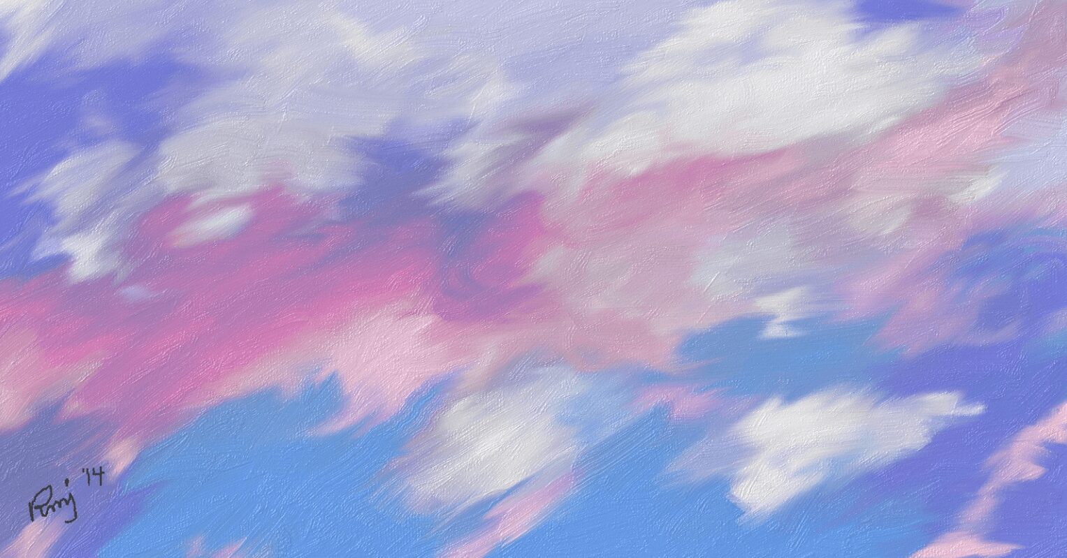 Colorful sky with pink, purple, and white clouds against a blue background.