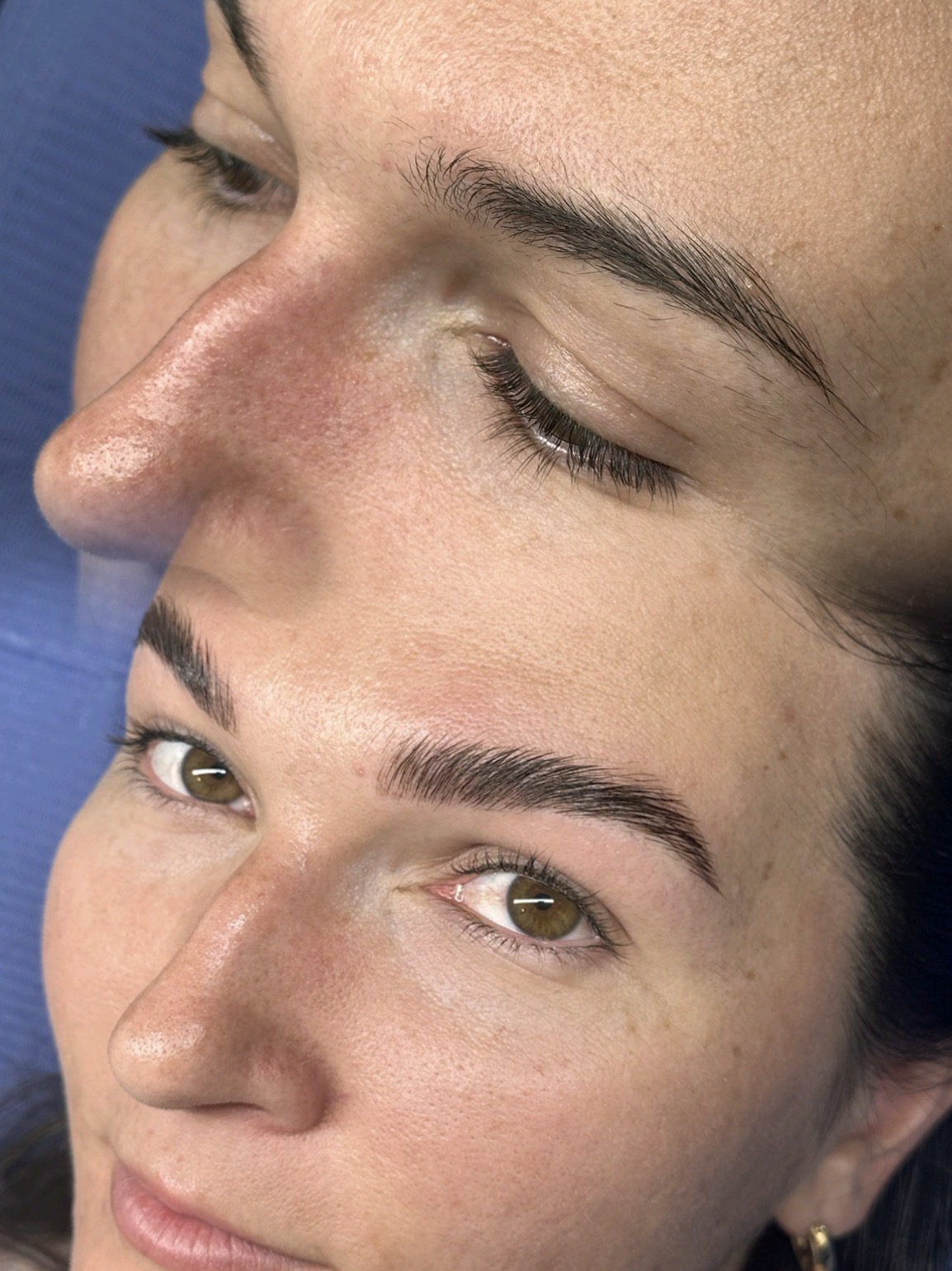 Close-up of a person's face showing before and after eyebrow grooming, with eyes closed in the top image and open in the bottom.