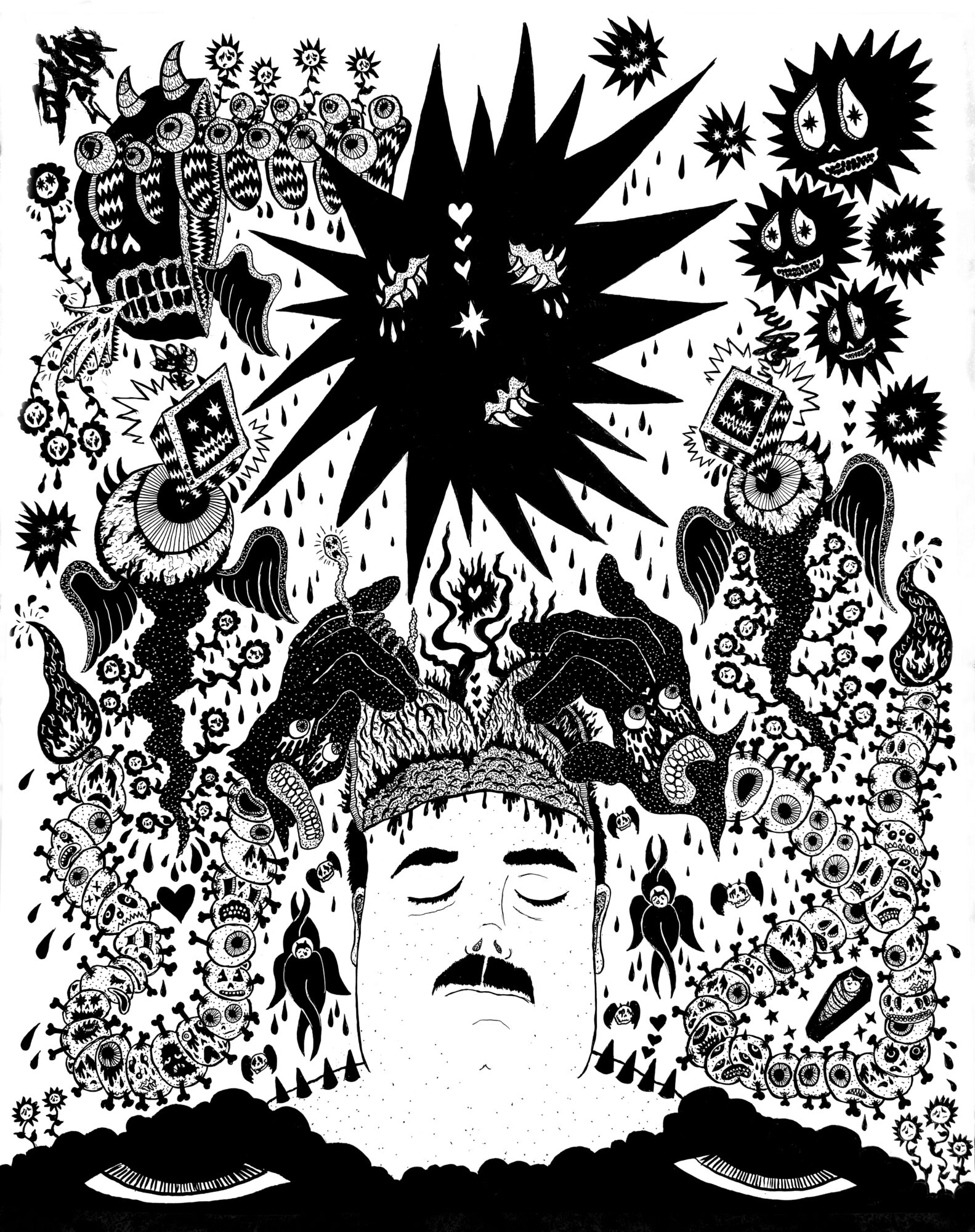 Black and white illustration of a person's face with hands, surrounded by abstract and monstrous shapes and faces.