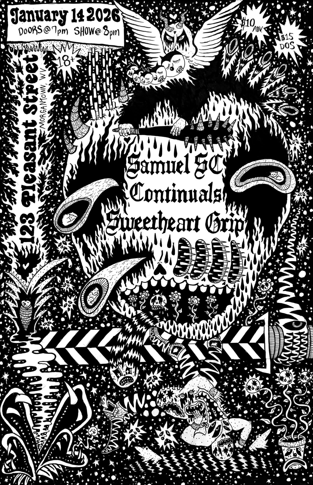 Black and white poster with a skull, owl, and floral designs, advertising a music event on January 14, 2026, at 123 Pleasant Street.