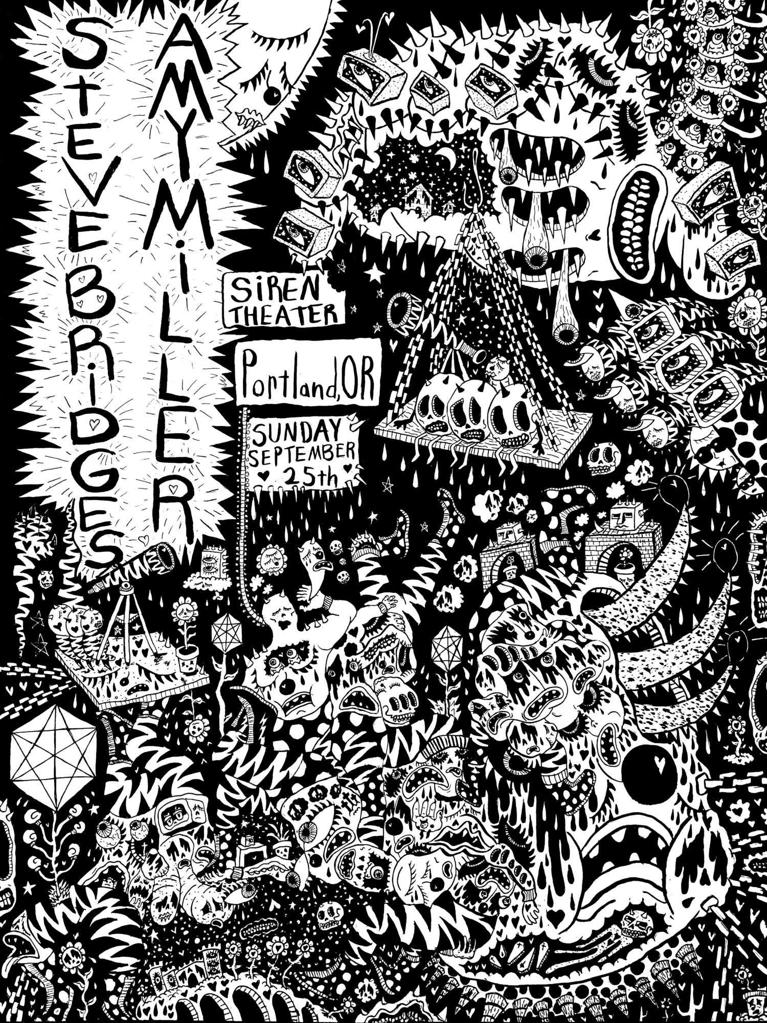 Black and white poster with text and detailed illustrations of monsters and skulls, promoting a music event at Siren Theater in Portland.